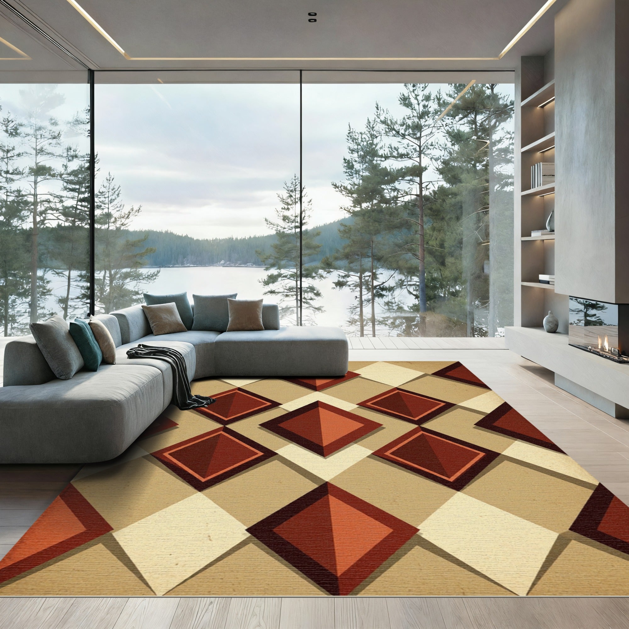 Geometric Terracotta and Cream Diamond Rug