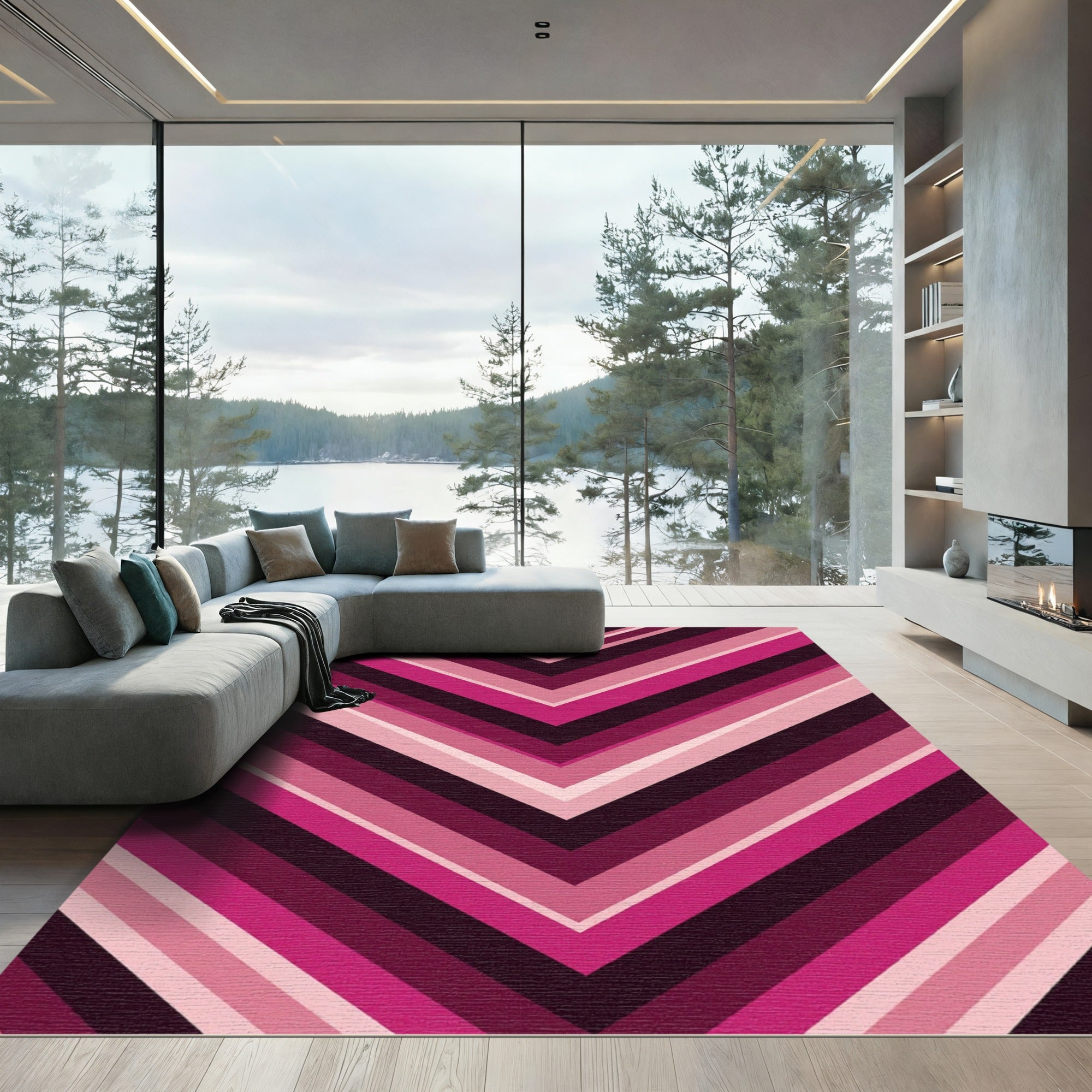 Magenta Chevron Striped Geometric Rug