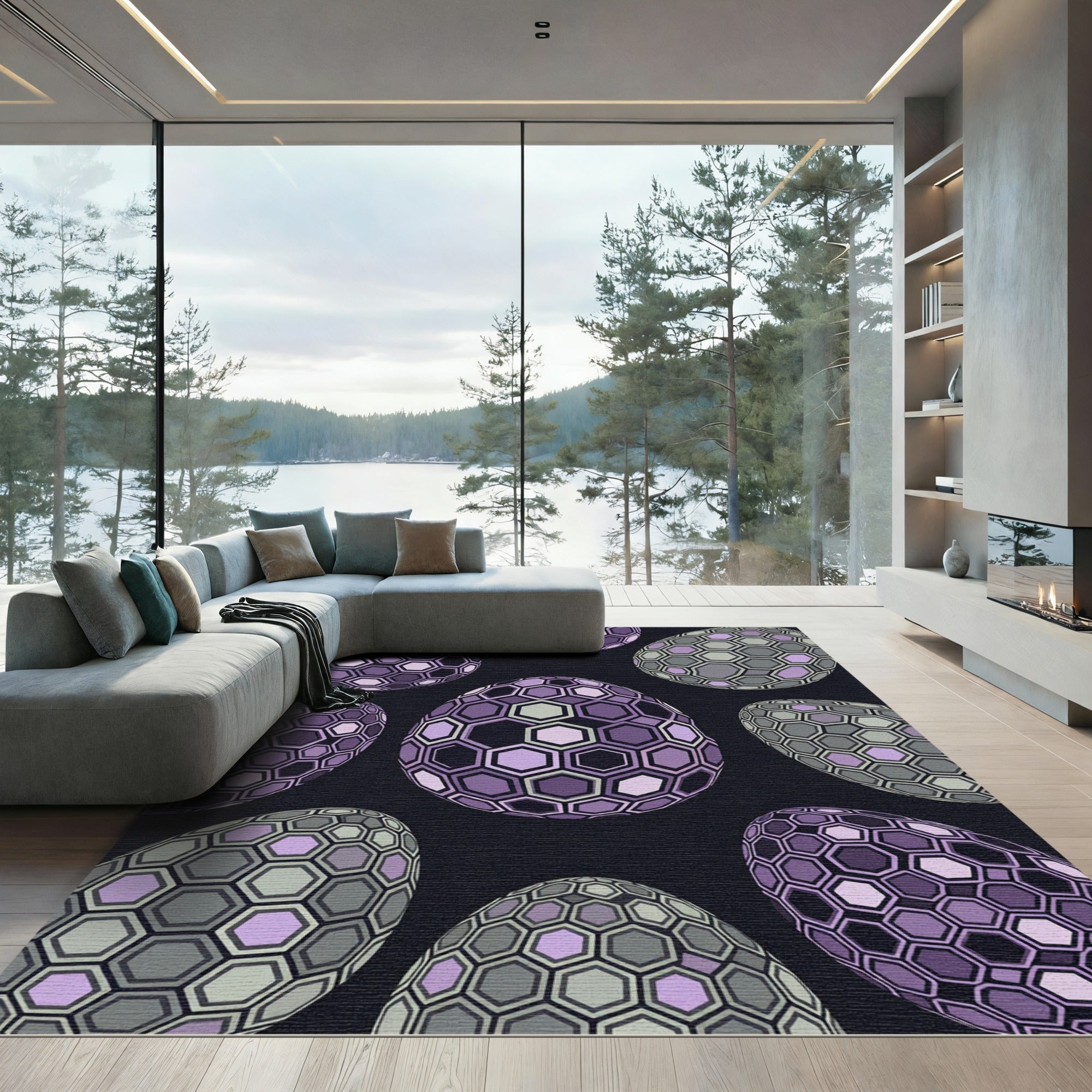 Hexagonal Violet and Sage Geometric Spheres Rug