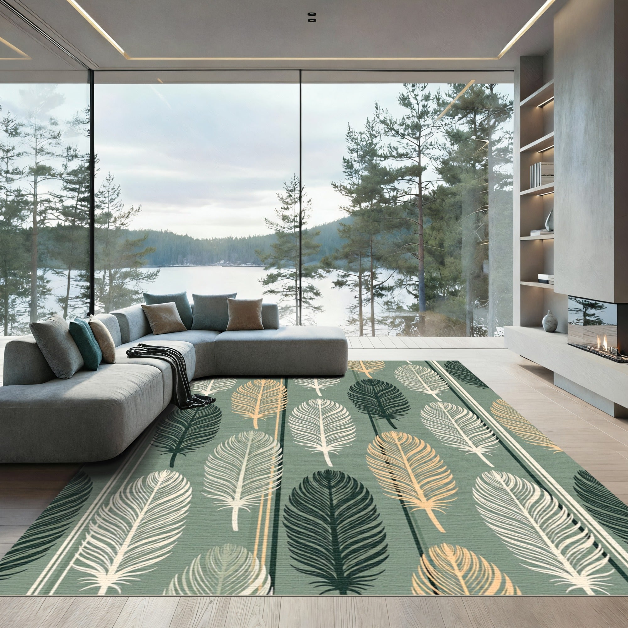 Sage Green Feathered Botanical Stripe Rug