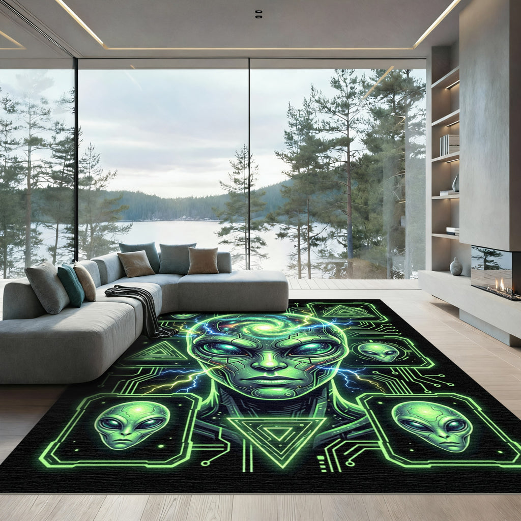 Neon Galactic Alien Cyber Circuit Art Rug