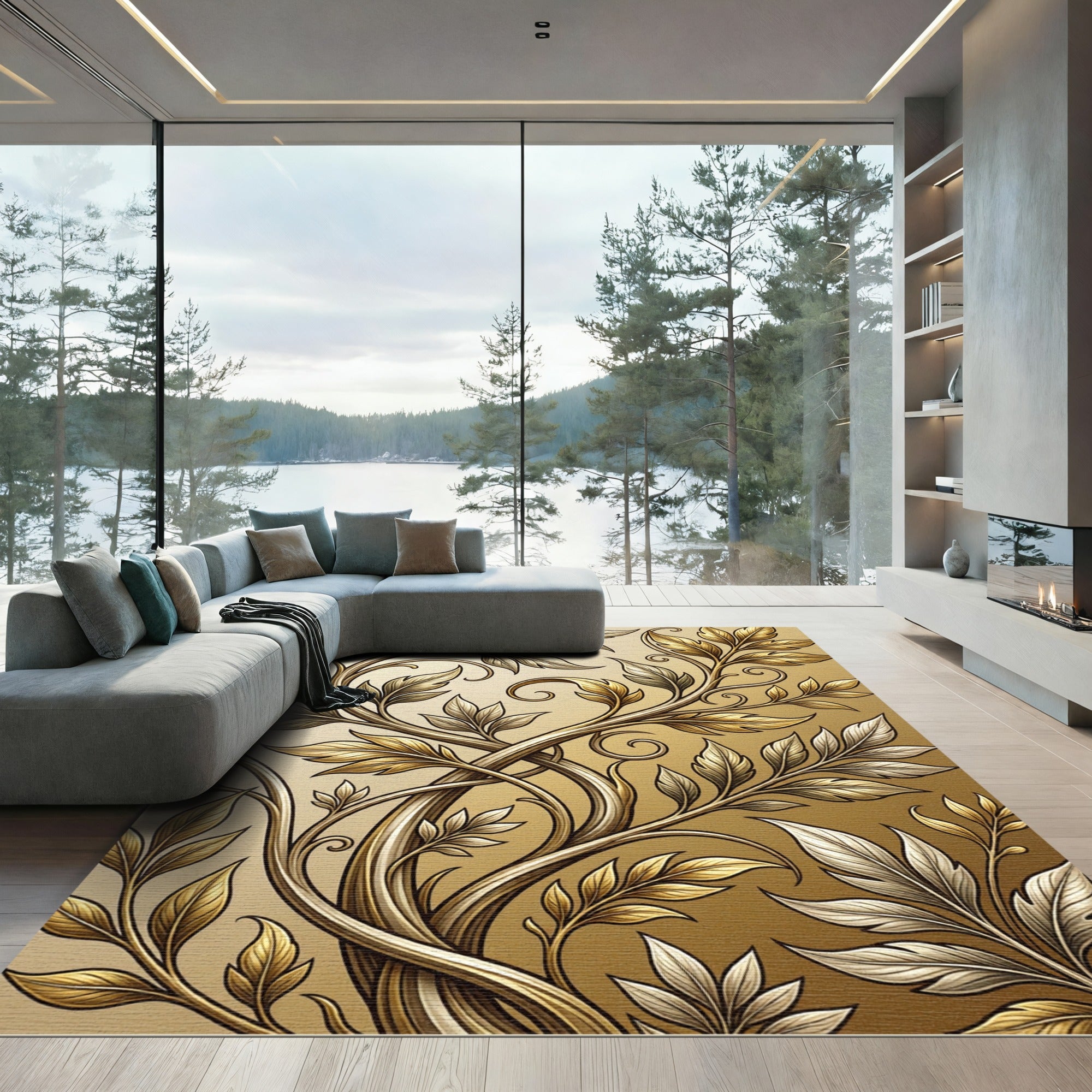 Elegant Golden Foliage Scroll Rug