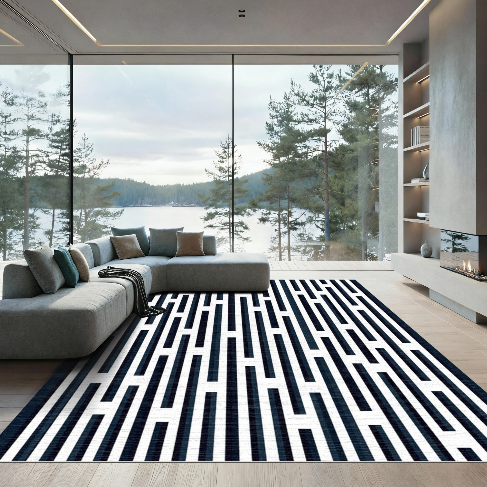 Monochrome Abstract Linear Vertical Bar Art Rug