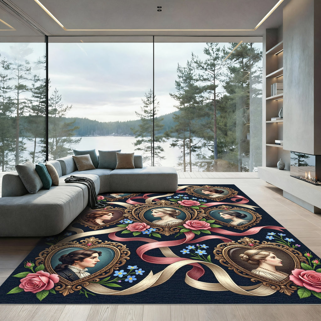 Victorian Portraits Pink Roses Ribbons Rug