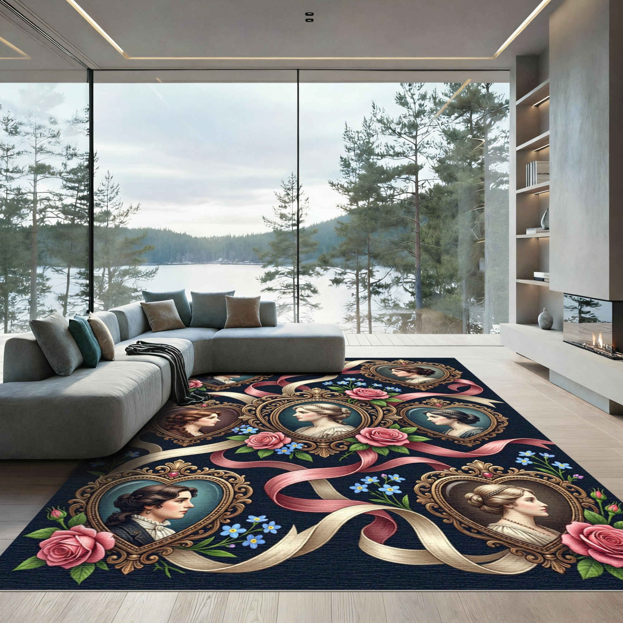 Victorian Portraits Pink Roses Ribbons Rug