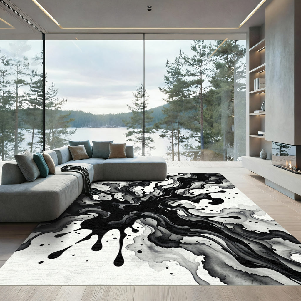 Monochrome Ink Splatter Swirl Rug
