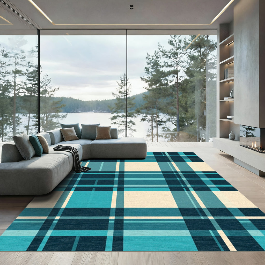 Deep Teal Beige Plaid Lines Rug