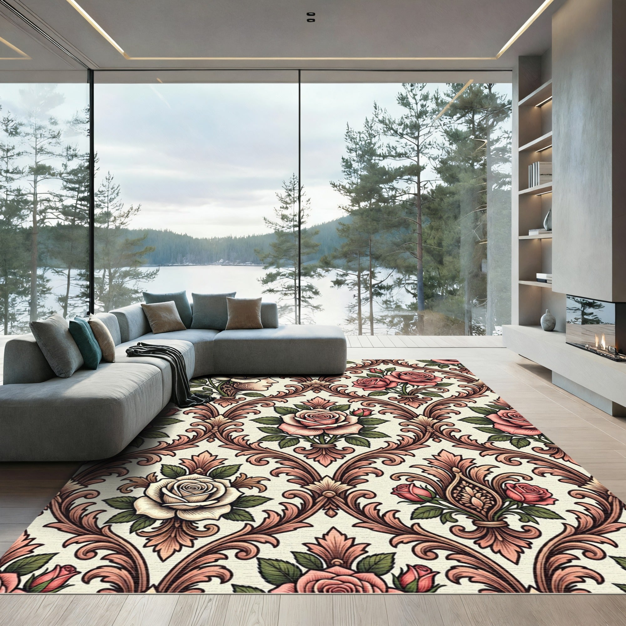 Vintage Rose Floral Damask Rug