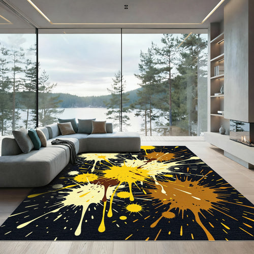 Abstract Golden Yellow and Brown Ink Splatter Rug