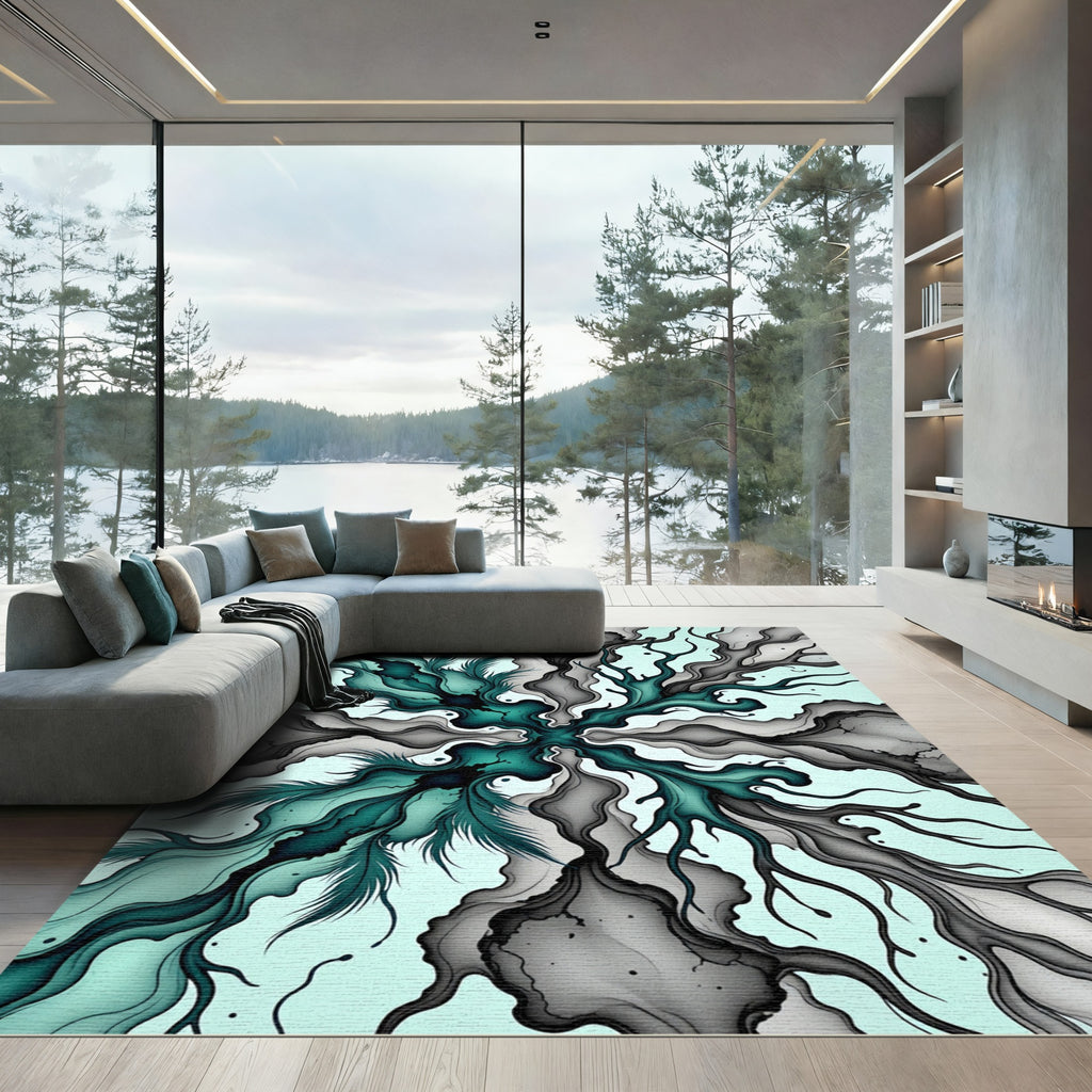 Teal Black Organic Swirl Cloud Rug