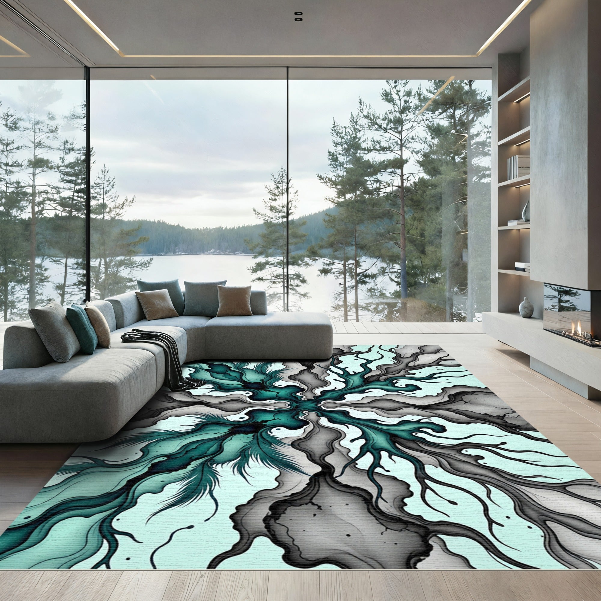 Teal Black Organic Swirl Cloud Rug