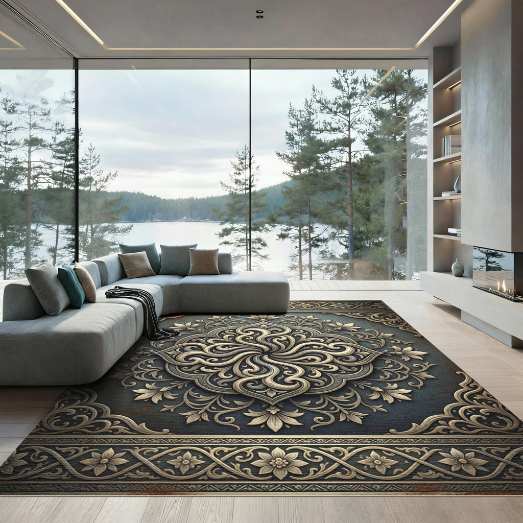 Ornate Floral Medallion Embossed Slate Rug