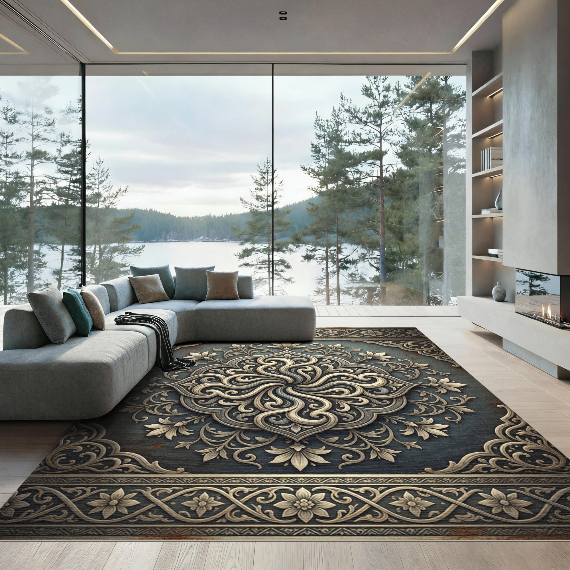 Ornate Floral Medallion Embossed Slate Rug