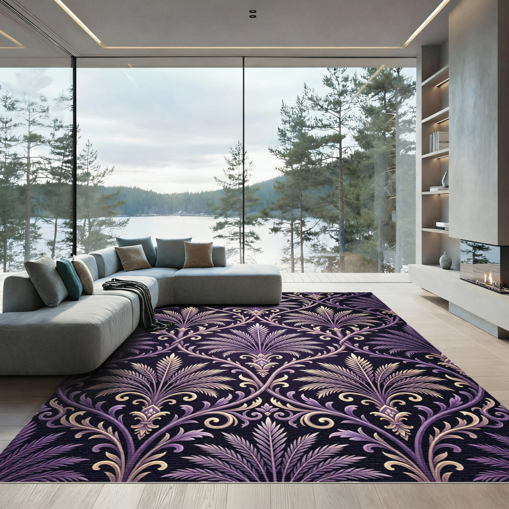 Purple Ornate Botanical Damask Scroll Rug