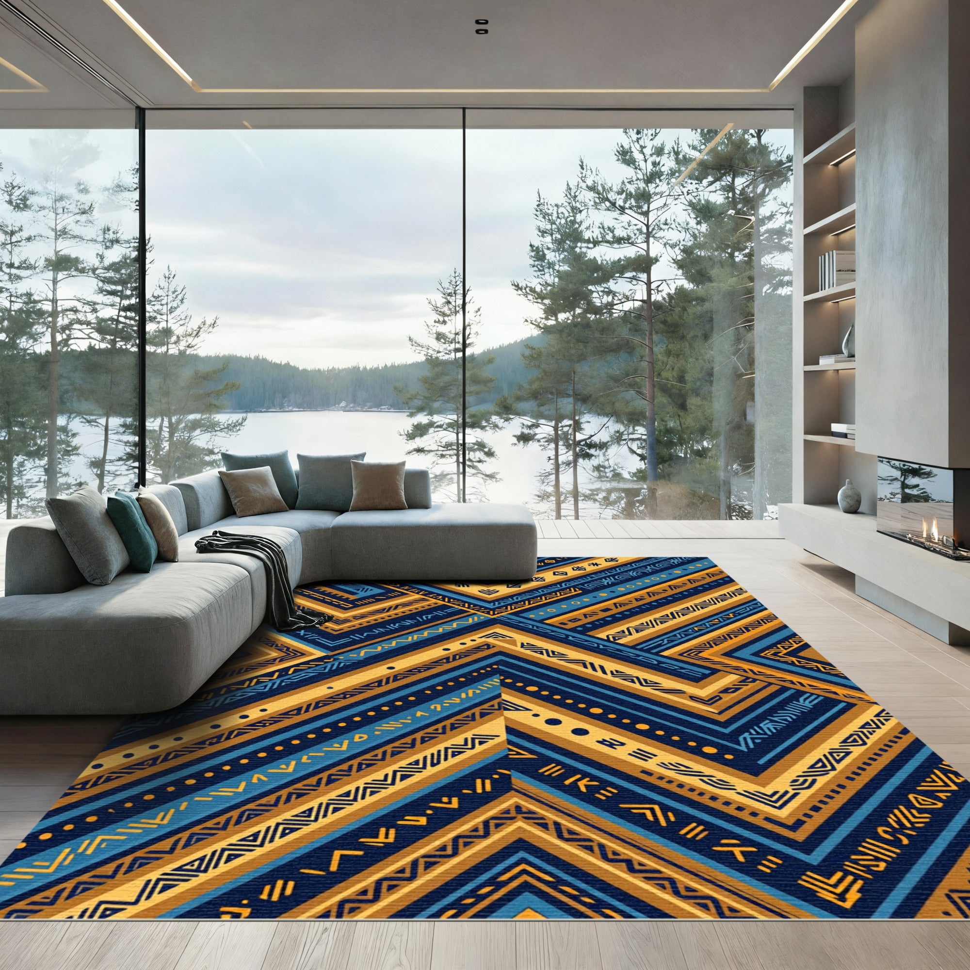 Geometric Navy and Ochre Zigzag Art Rug
