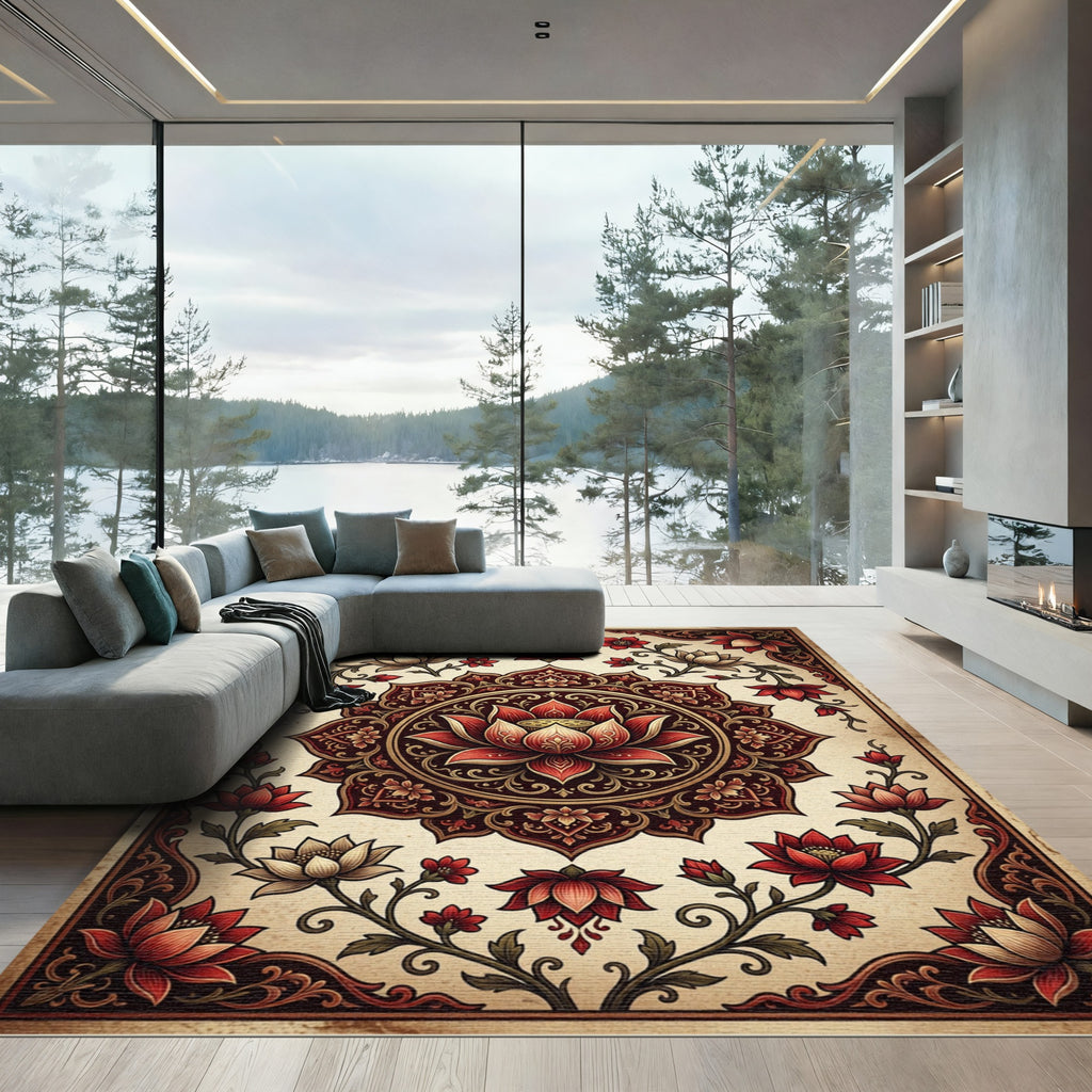 Intricate Crimson Lotus Medallion Floral Rug
