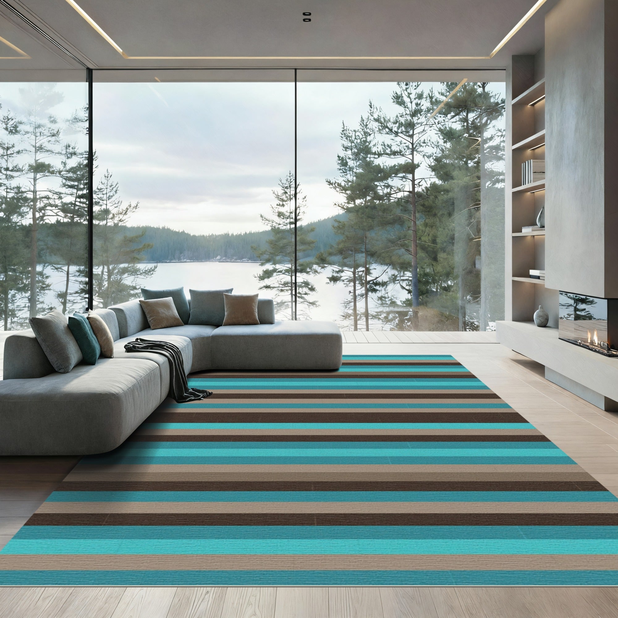 Modern Striped Teal Brown Accent Rug