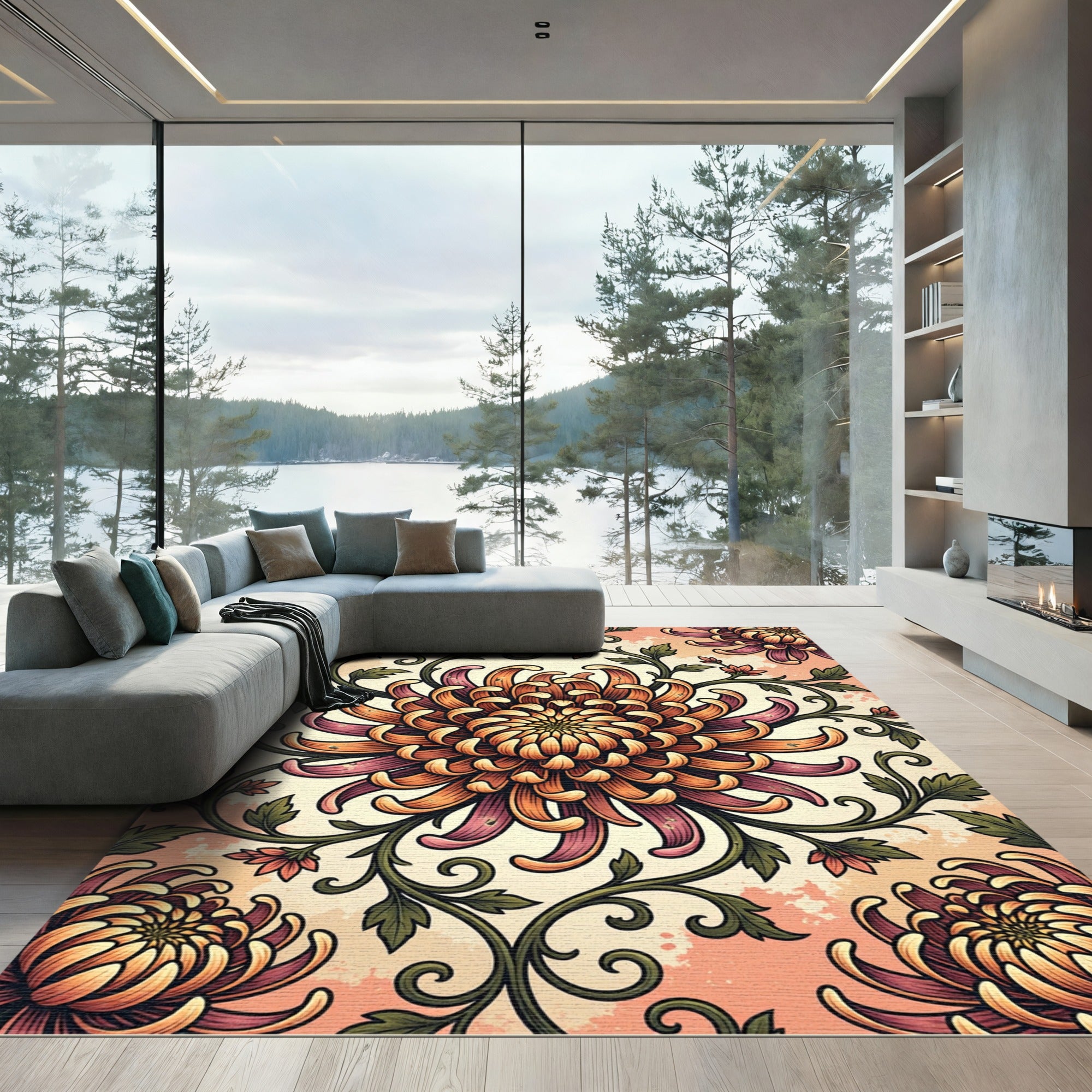 Vintage Autumnal Chrysanthemum Floral Botanical Rug