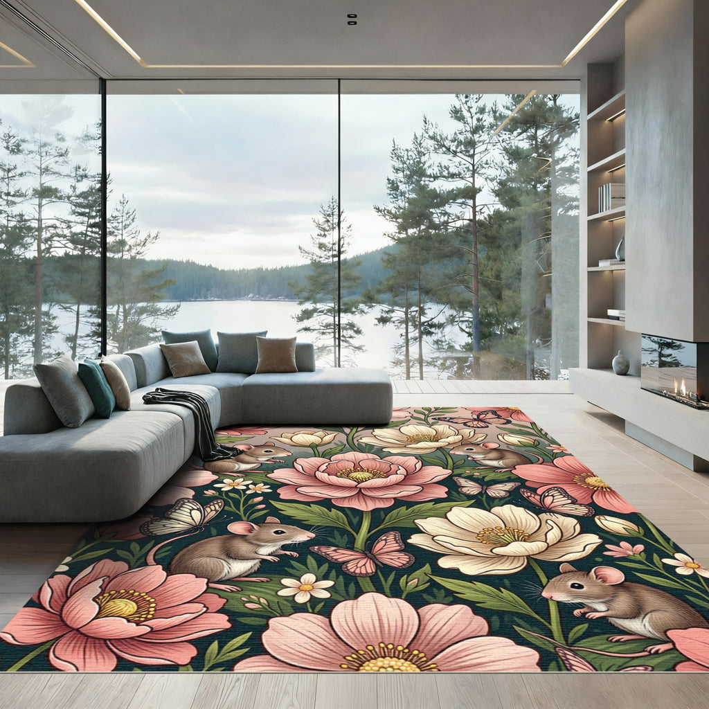 Whimsical Floral Mouse and Butterfly Field Rug
