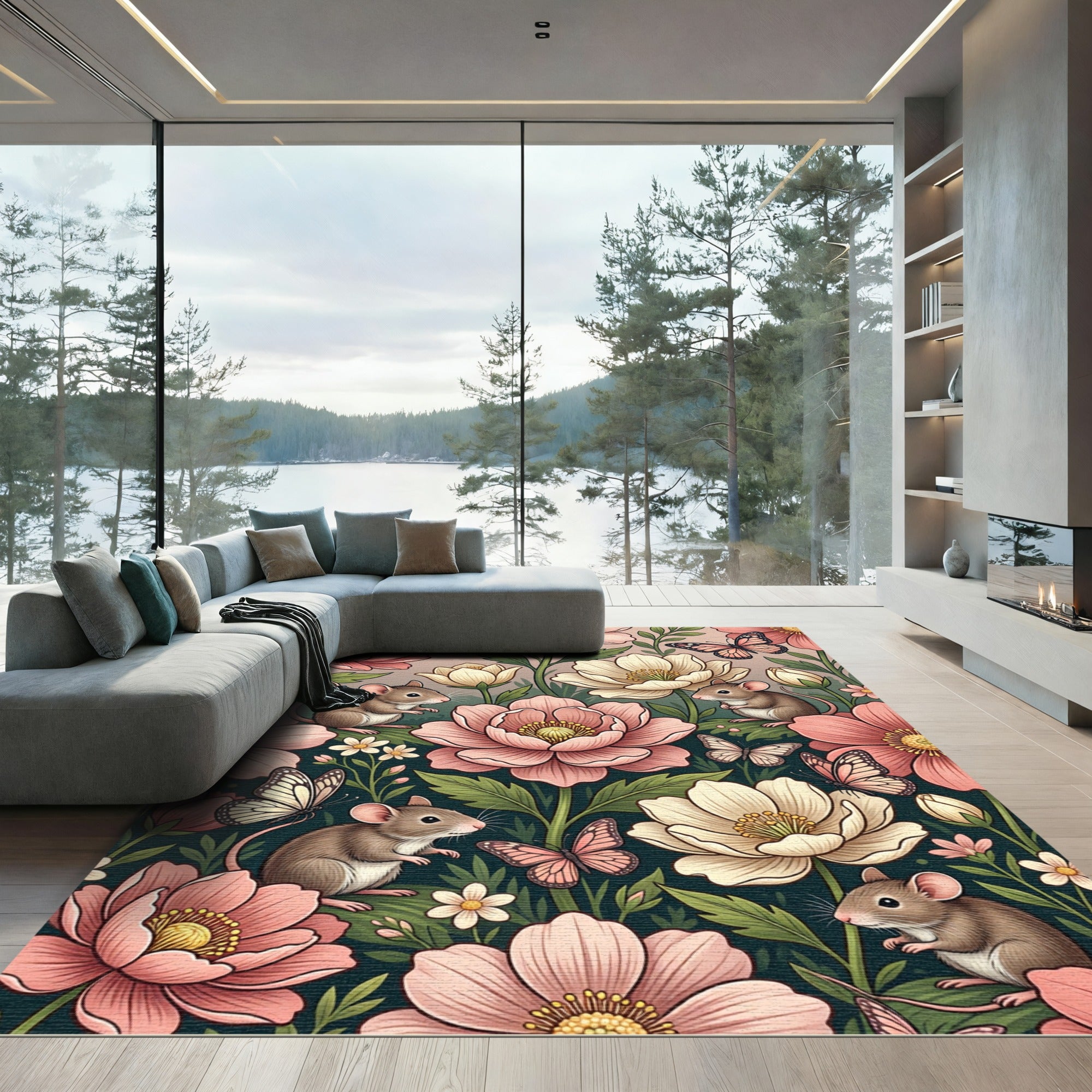 Whimsical Floral Mouse and Butterfly Field Rug