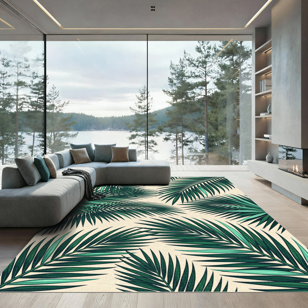 Lush Tropical Green Palm Foliage Rug