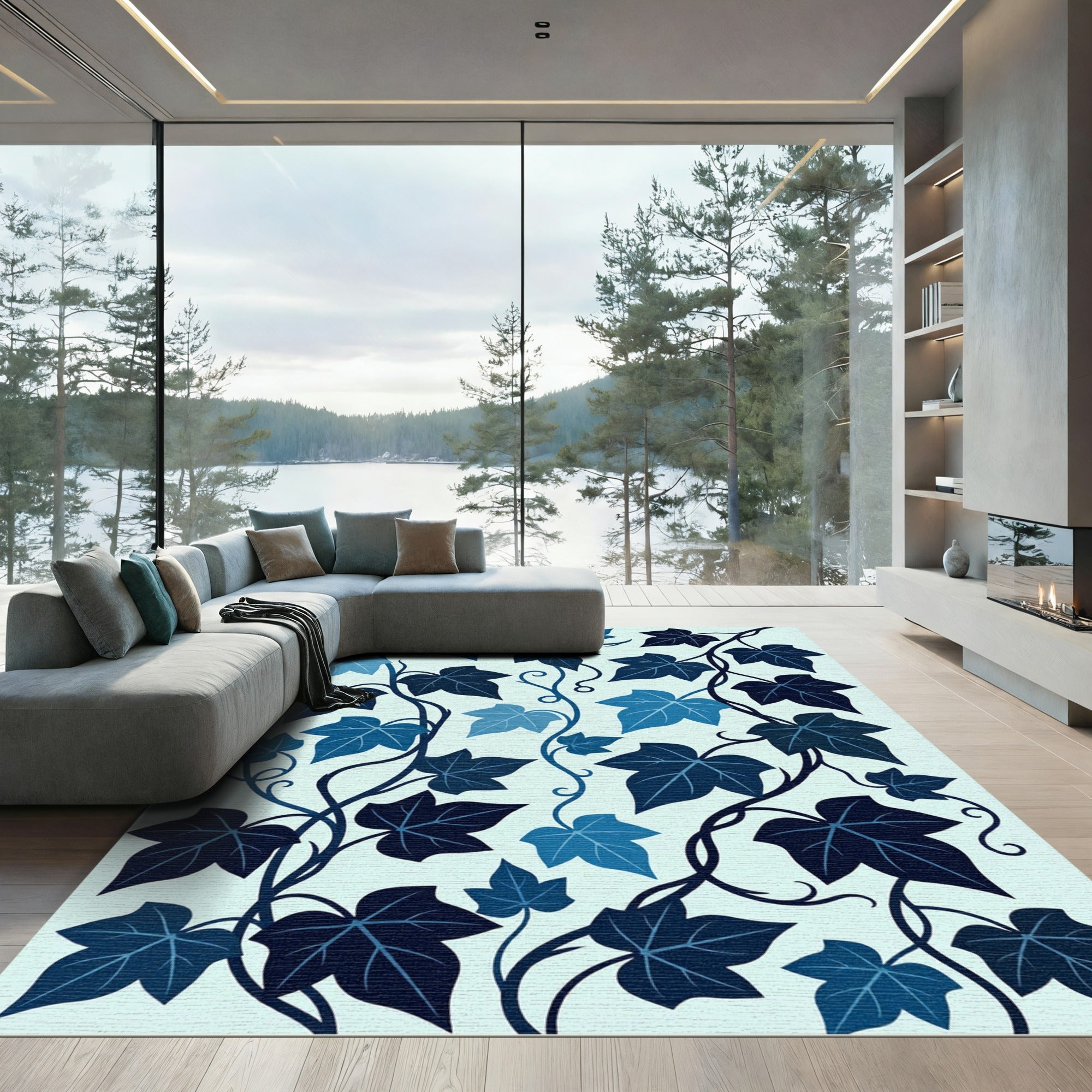 Deep Blue Ivy Vine Foliage Rug