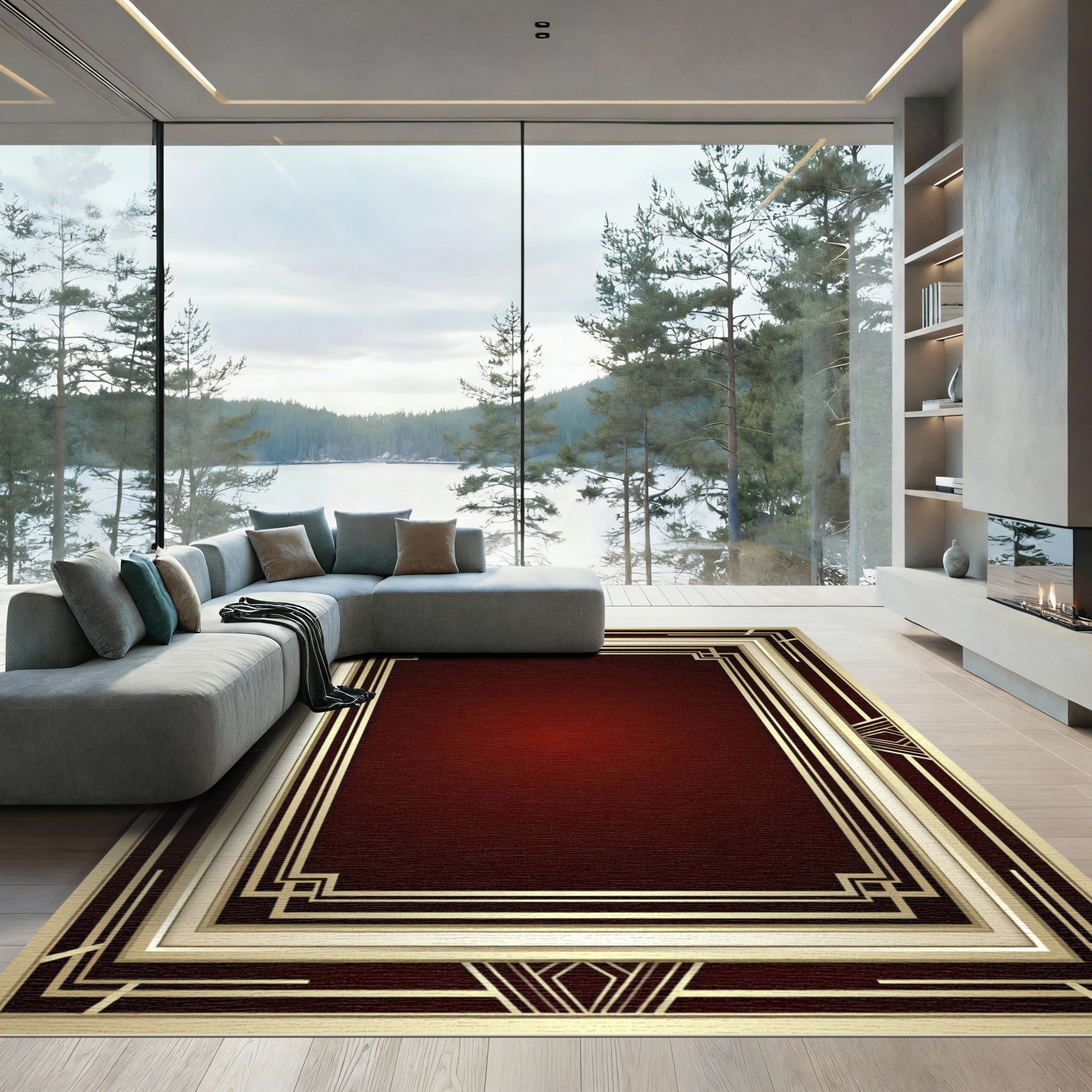 Art Deco Gold Deep Crimson Geometric Rug