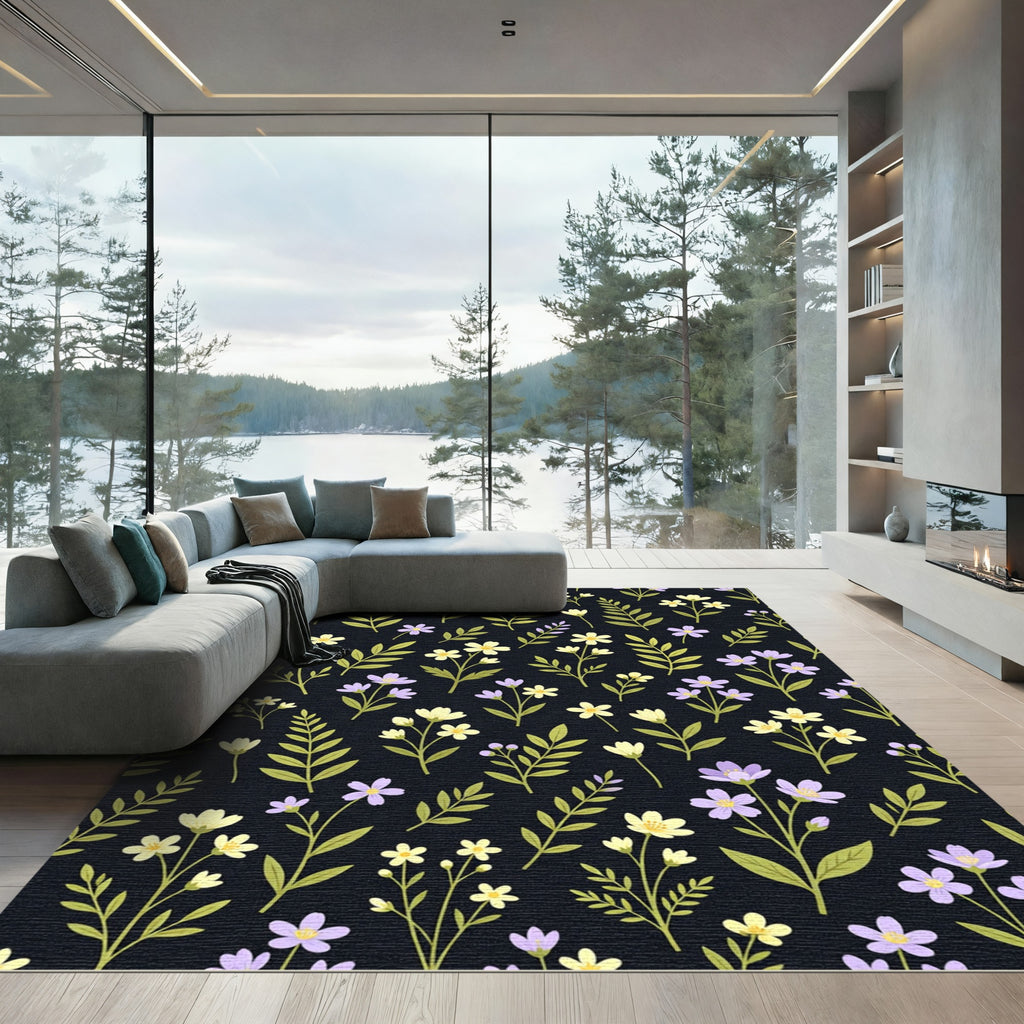 Delicate Yellow Purple Flower Dark Rug
