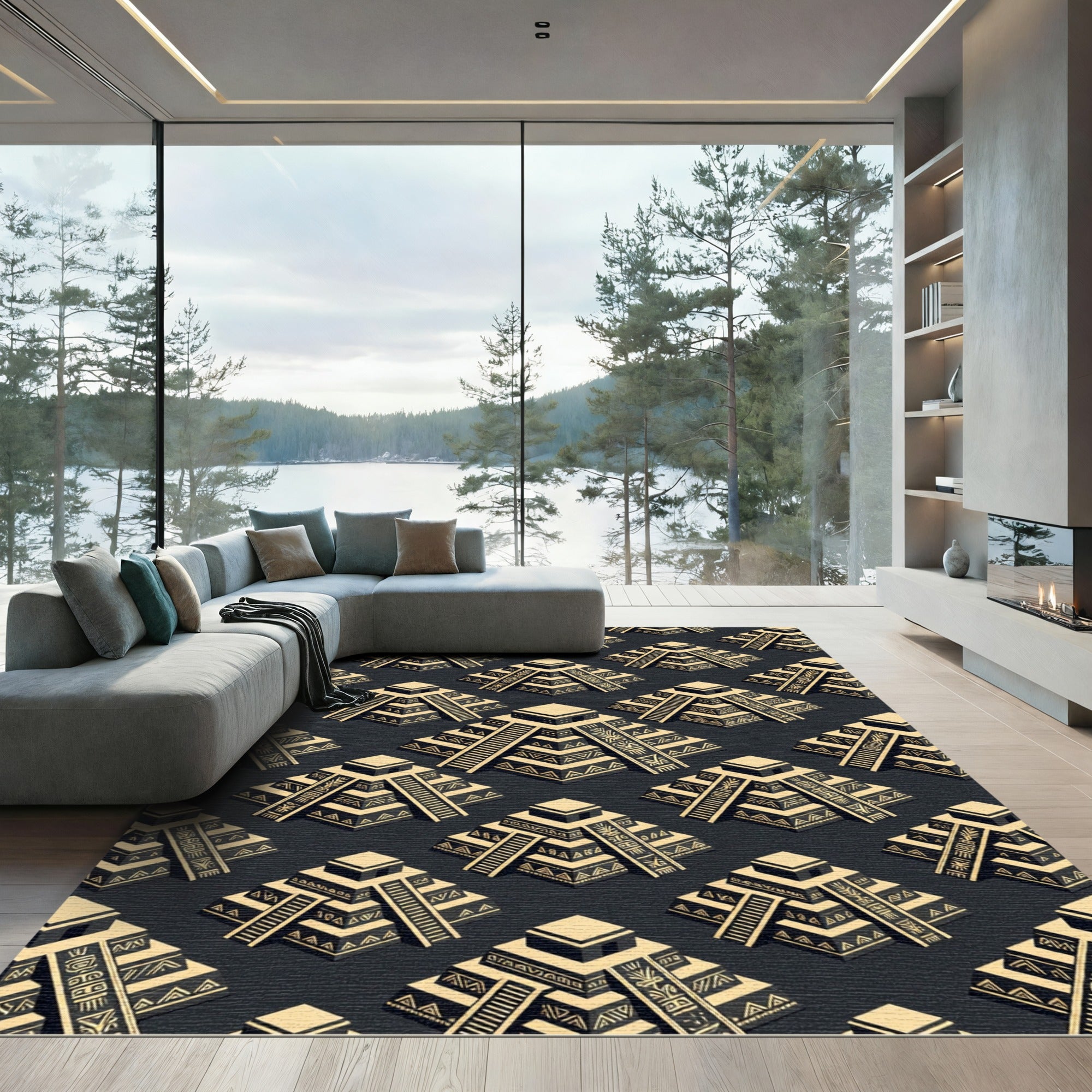 Aztec Pyramid Geometric Cream Charcoal Rug