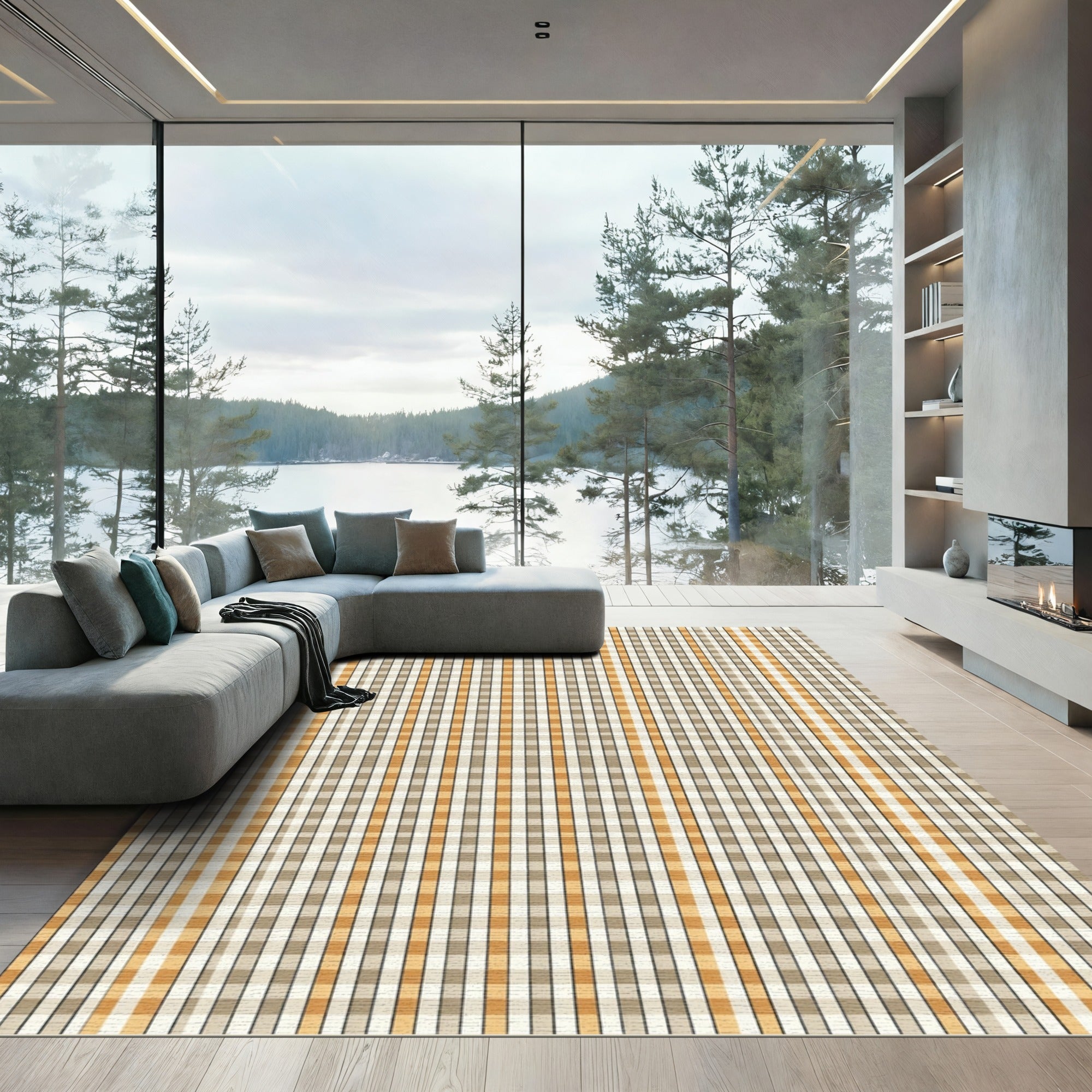 Warm Tan Plaid Vertical Stripe Rug