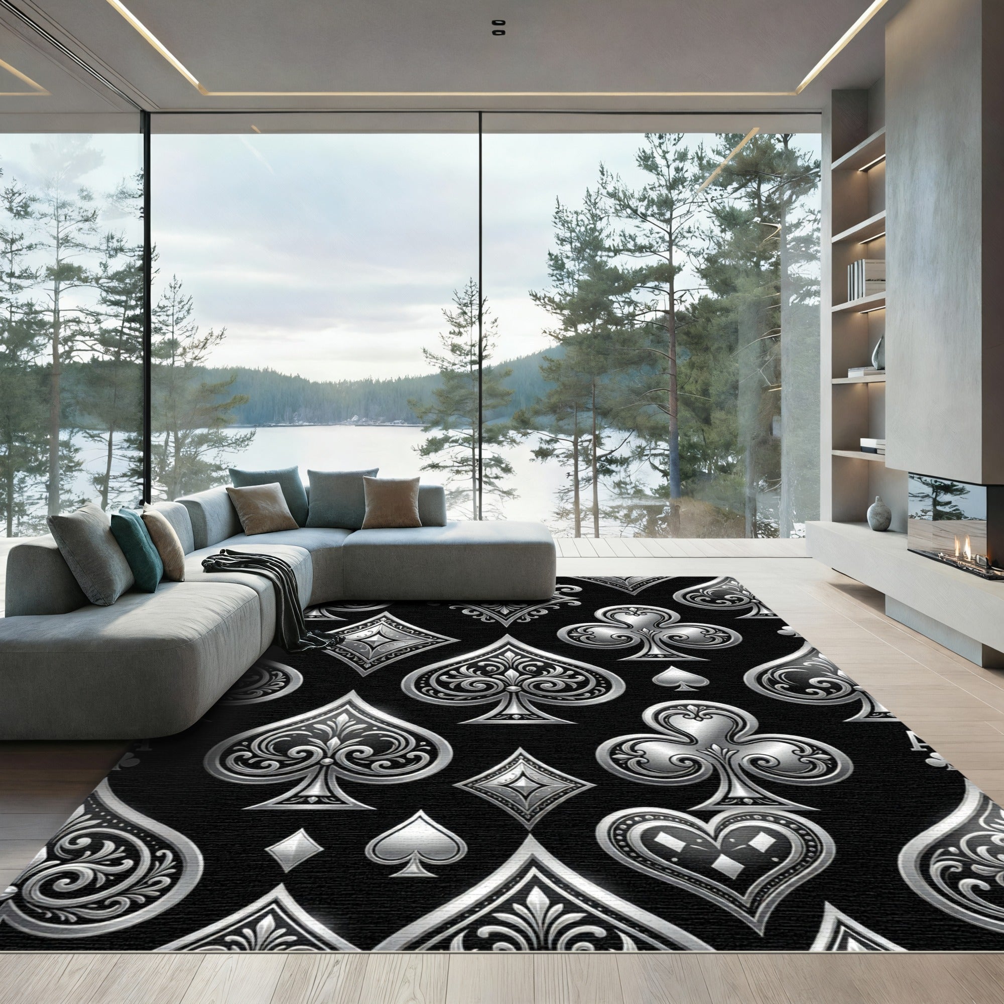 Elegant Metallic Silver Playing Card Seamless Rug