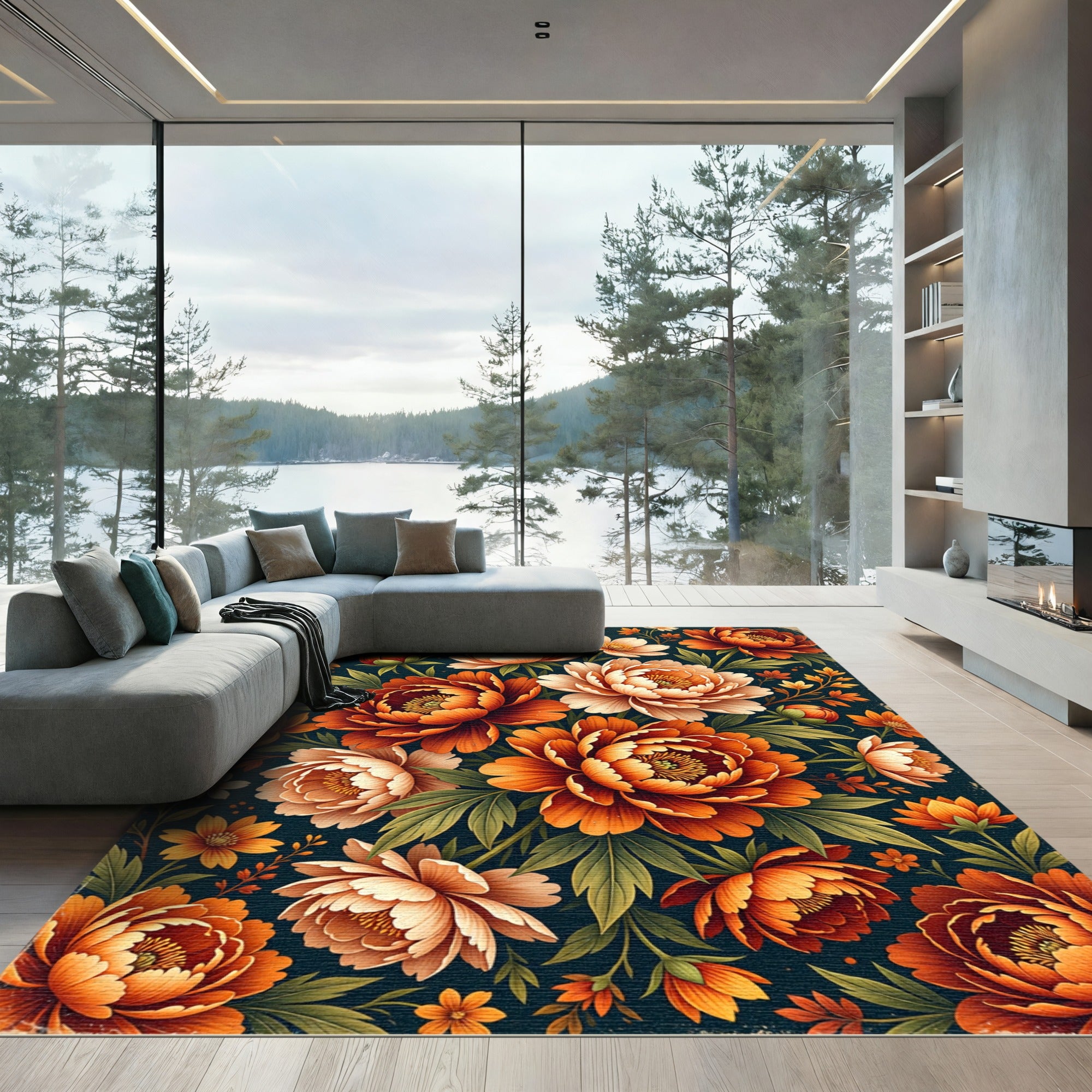 Autumnal Peony Botanical Floral Arrangement Rug