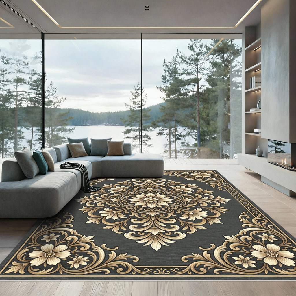 Golden Floral Damask Scrollwork Rug