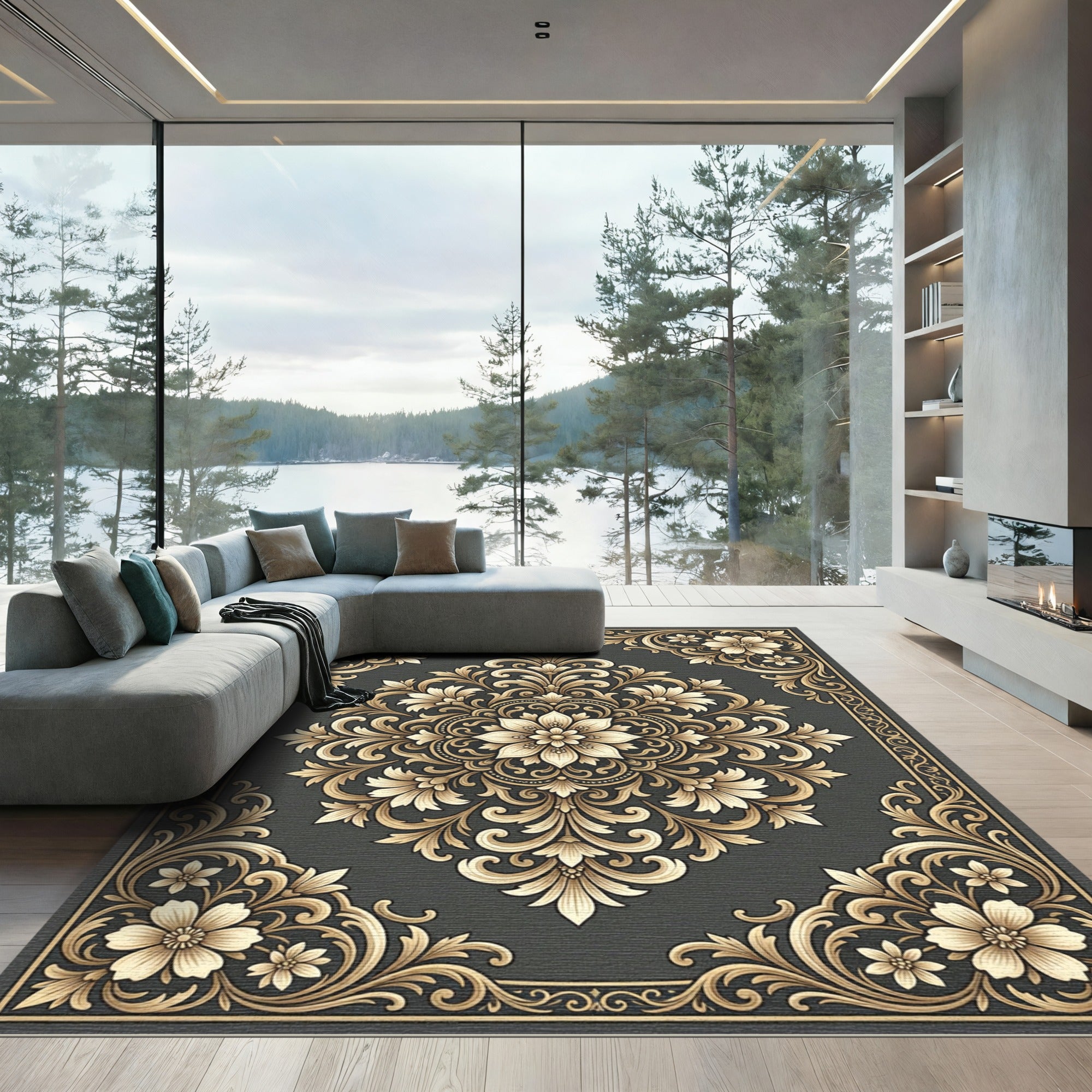 Golden Floral Damask Scrollwork Rug
