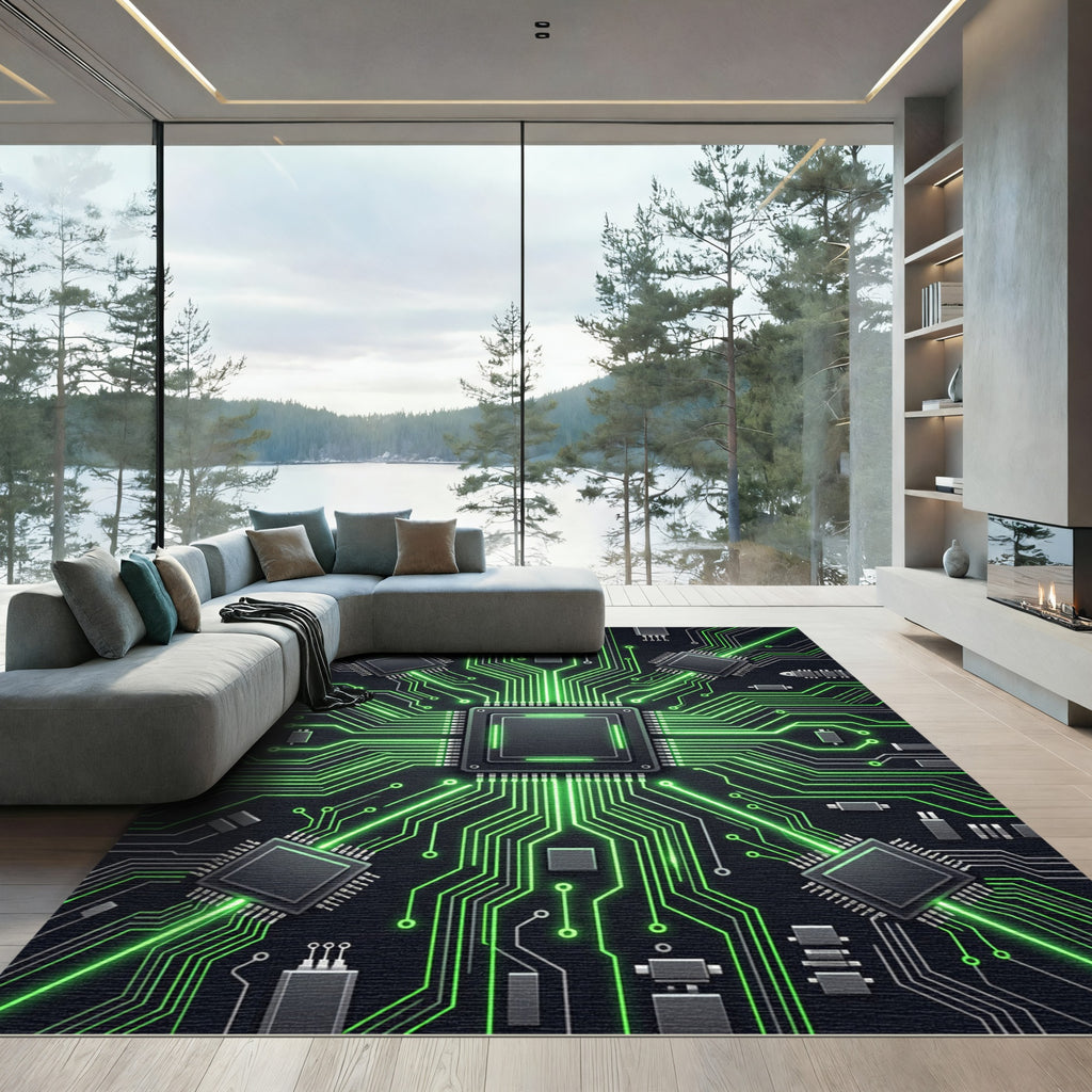 Luminous Emerald Circuitry Sci-Fi Glow Rug