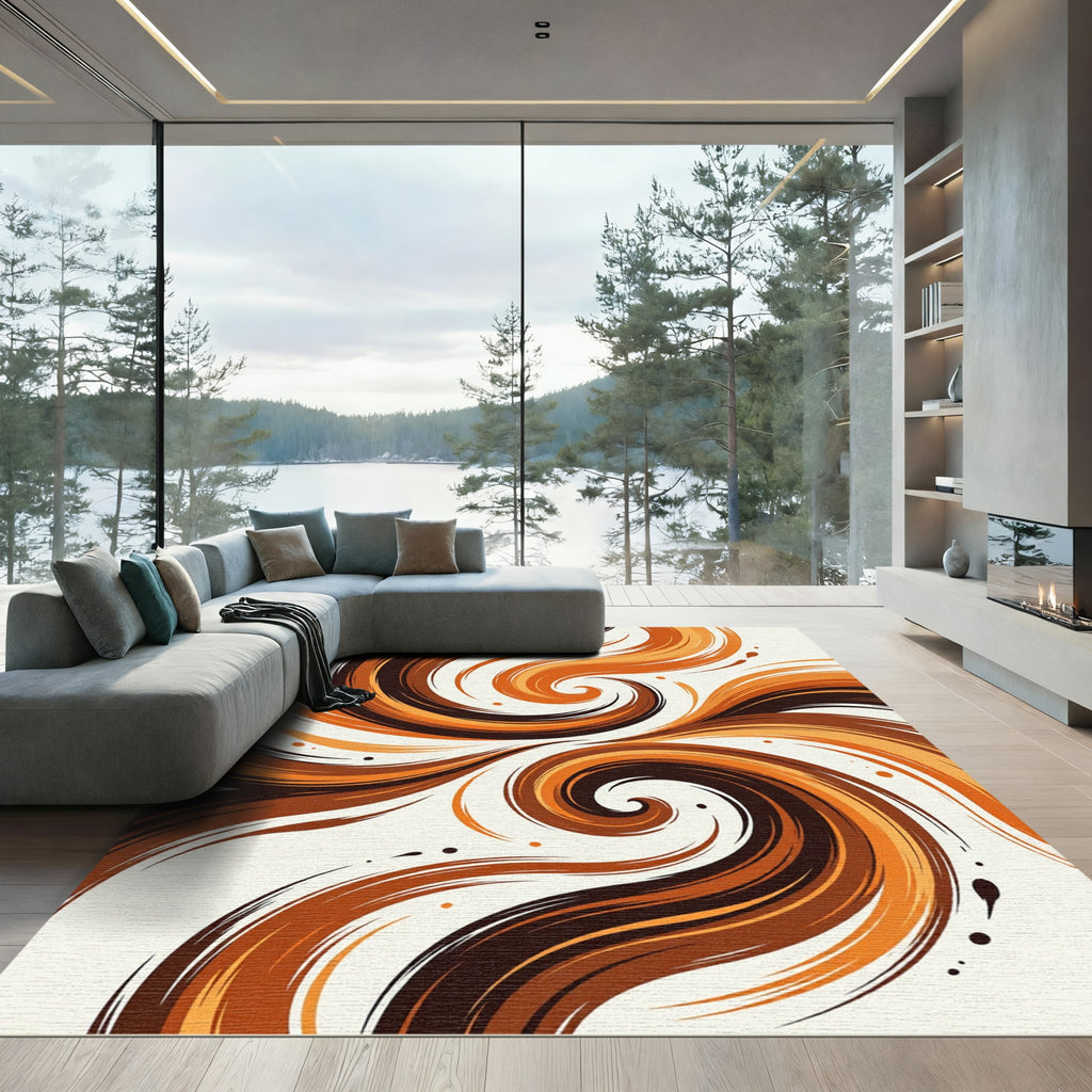 Modern Ochre And Bronze Swirling Abstract Rug