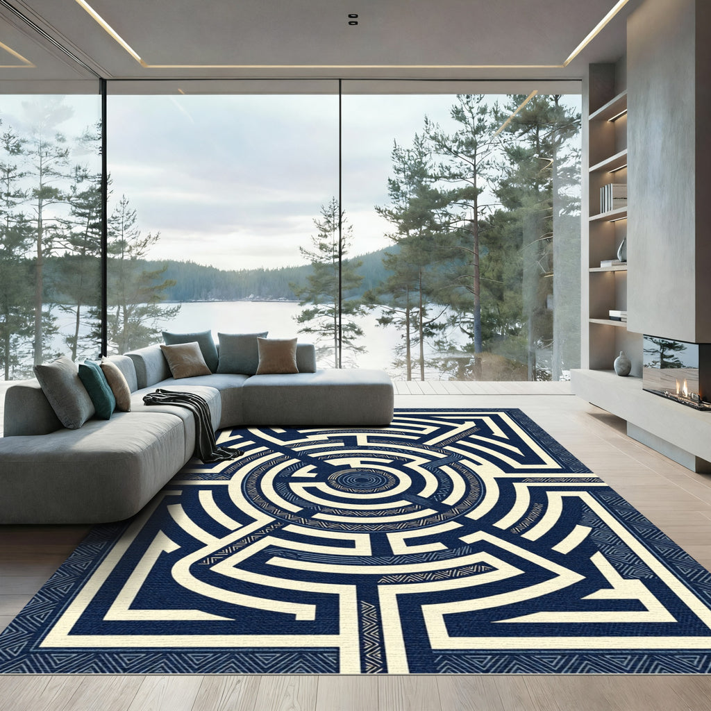 Navy Geometric Circular Maze Art Rug