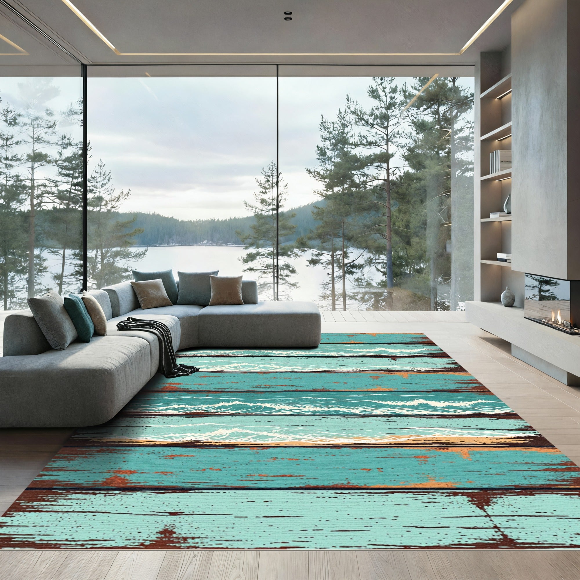 Distressed Coastal Blue Ocean Wave Planks Rug