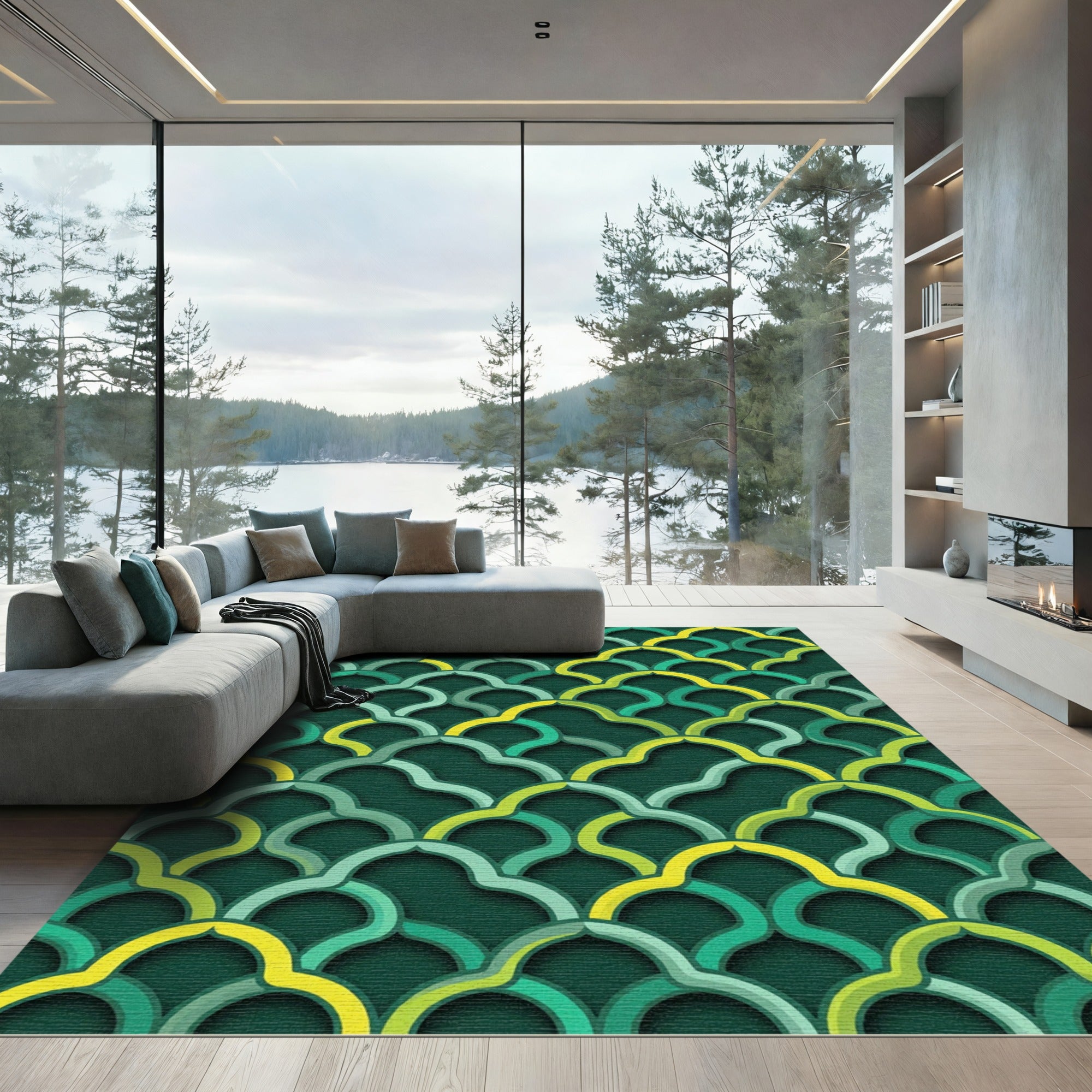 Deep Green Yellow Quatrefoil Layered Rug