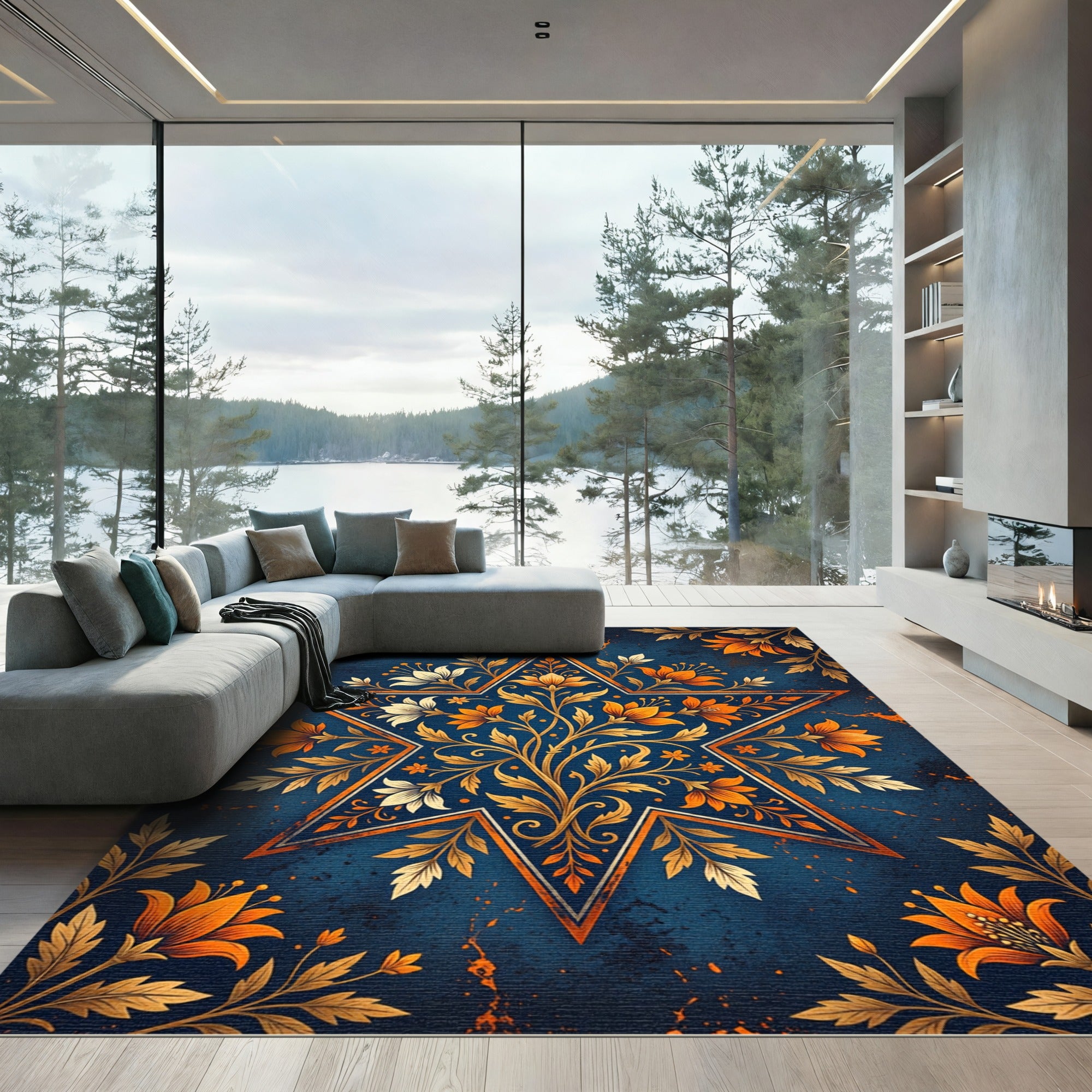 Golden Star Floral Vine Aubergine Rug