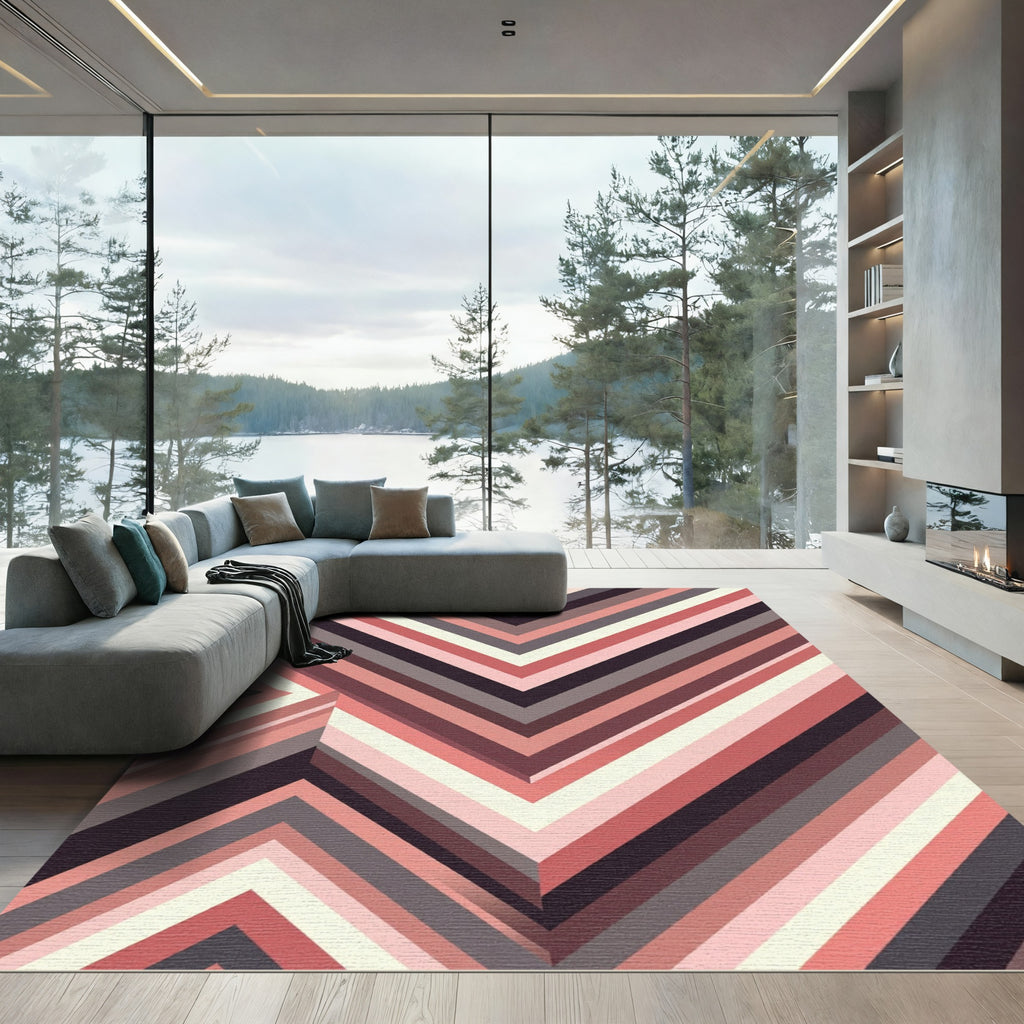 Muted Rose Stripe Geometric Chevron Rug