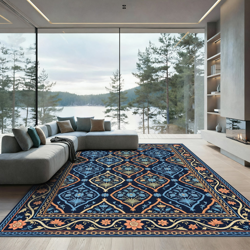 Midnight Navy Floral Damask Medallion Rug