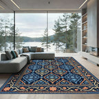 Midnight Navy Floral Damask Medallion Rug