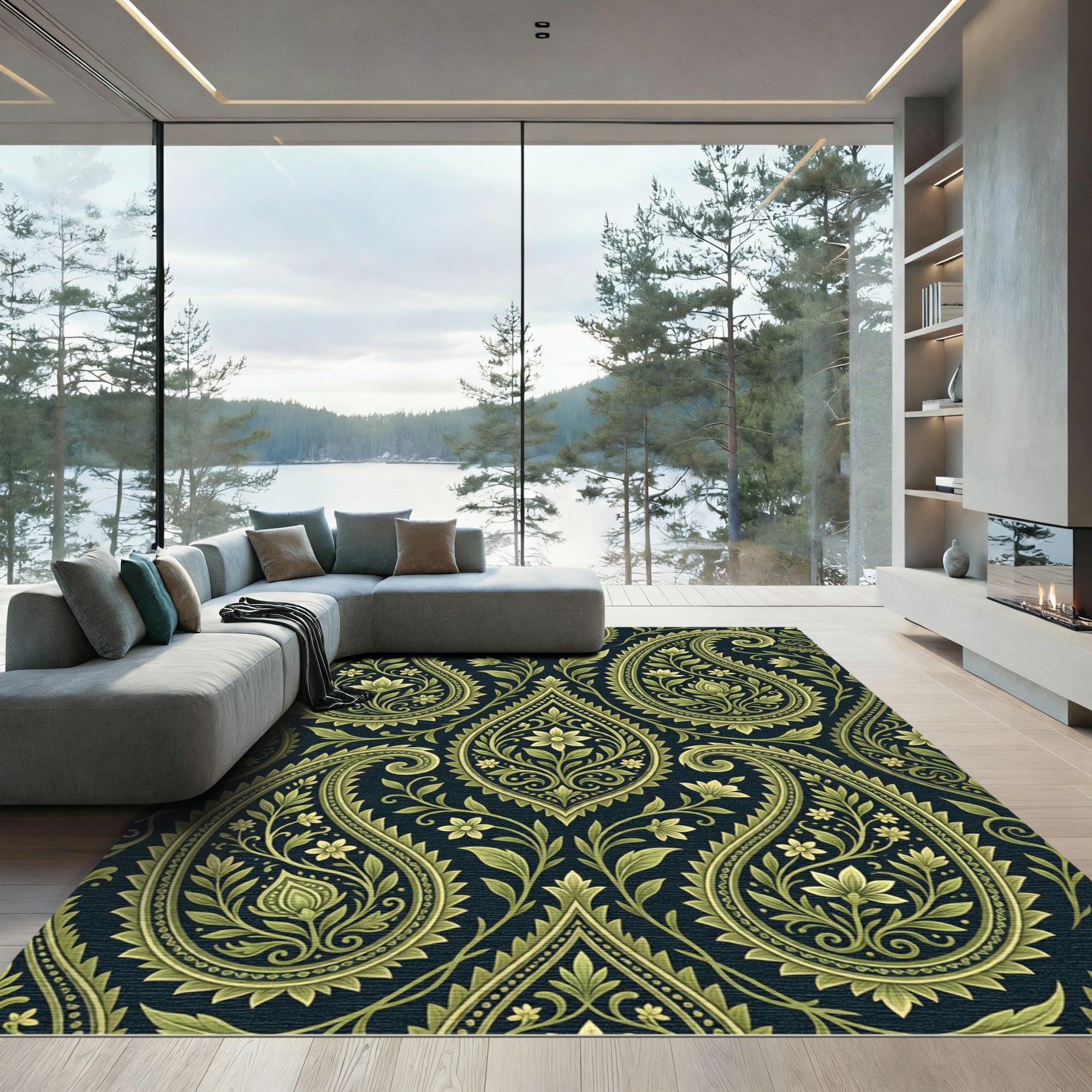 Emerald Green Paisley Floral Scroll Rug