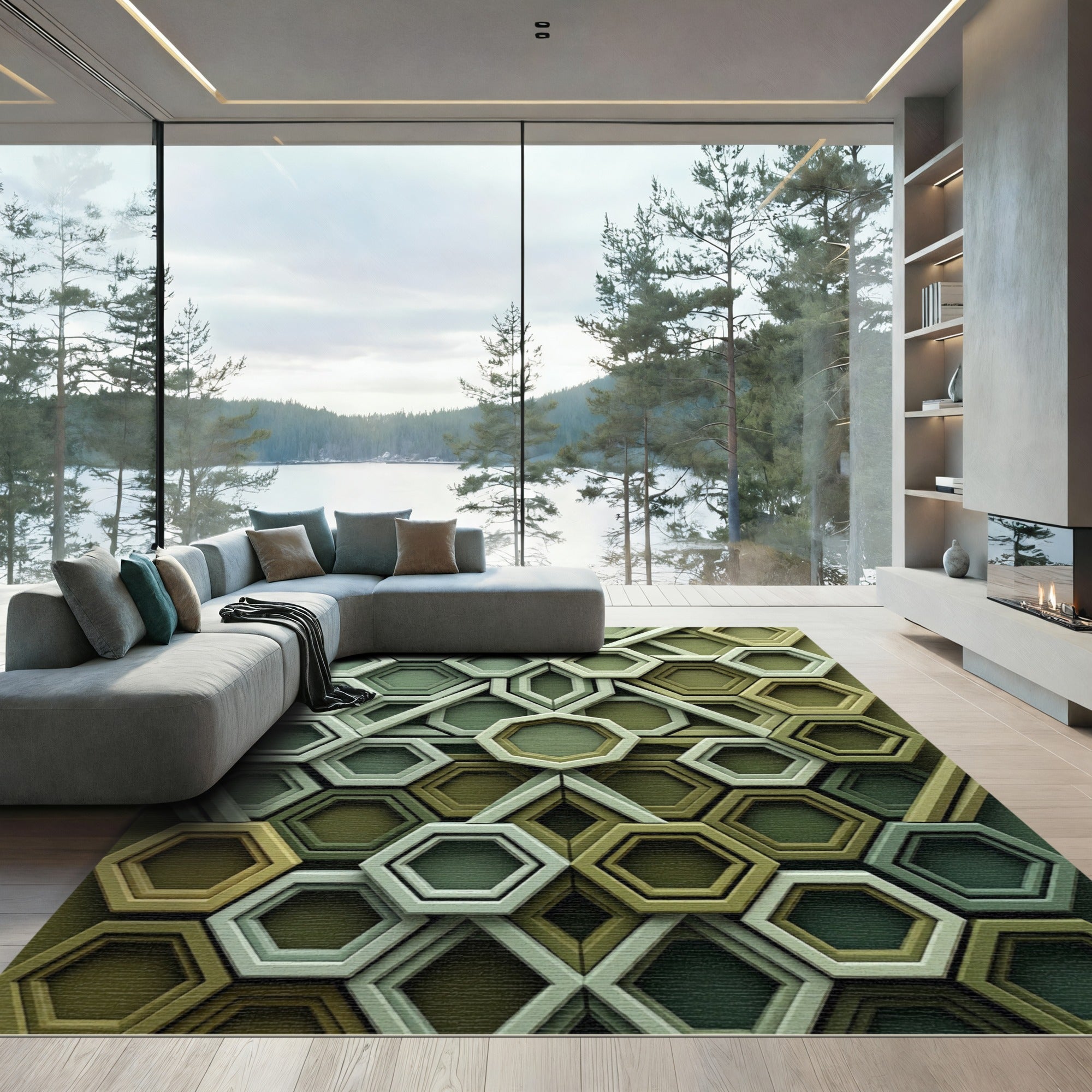Sage Hexagonal Geometric Olive Mosaic Rug