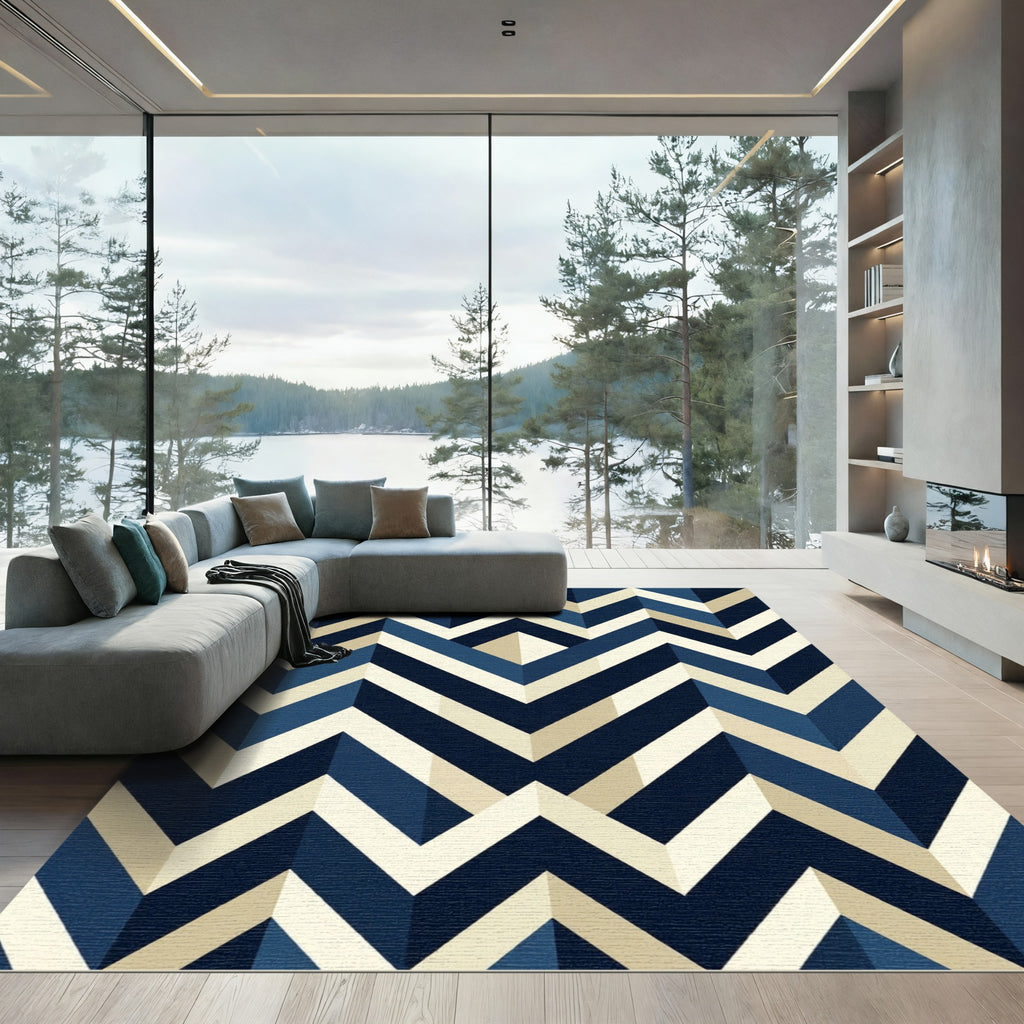 Modern Navy Geometric Chevron Art Rug