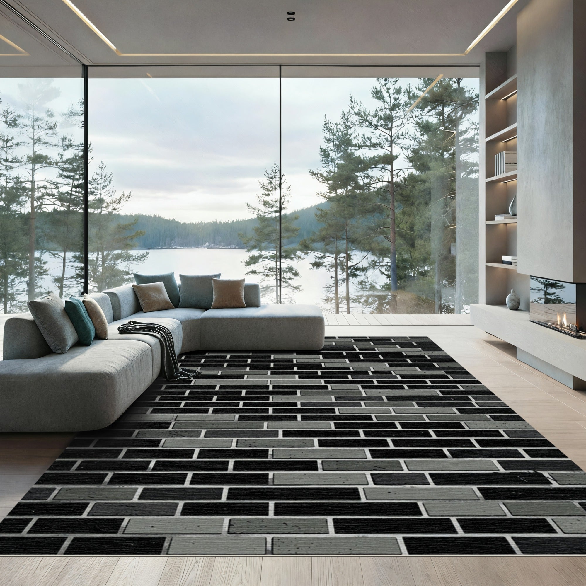Monochrome Gray Black Brick Geometric Layer Rug