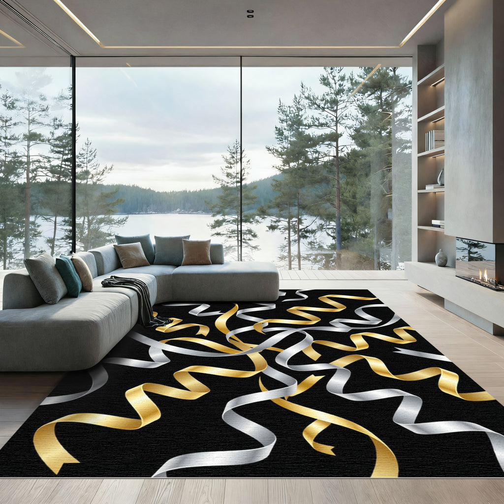 Elegant Gold and Silver Swirling Ribbons Rug