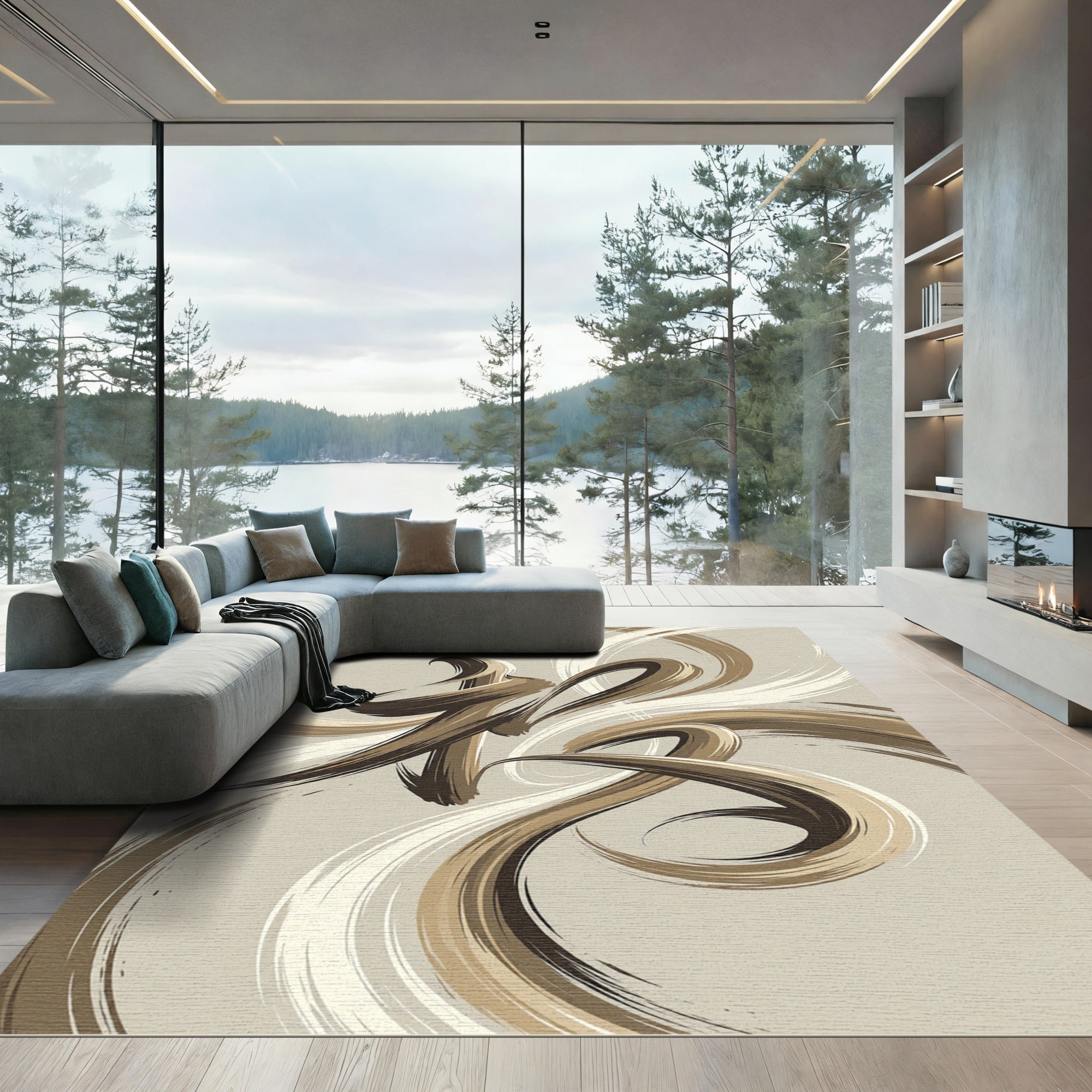 Brown And Cream Calligraphy Swirl Rug