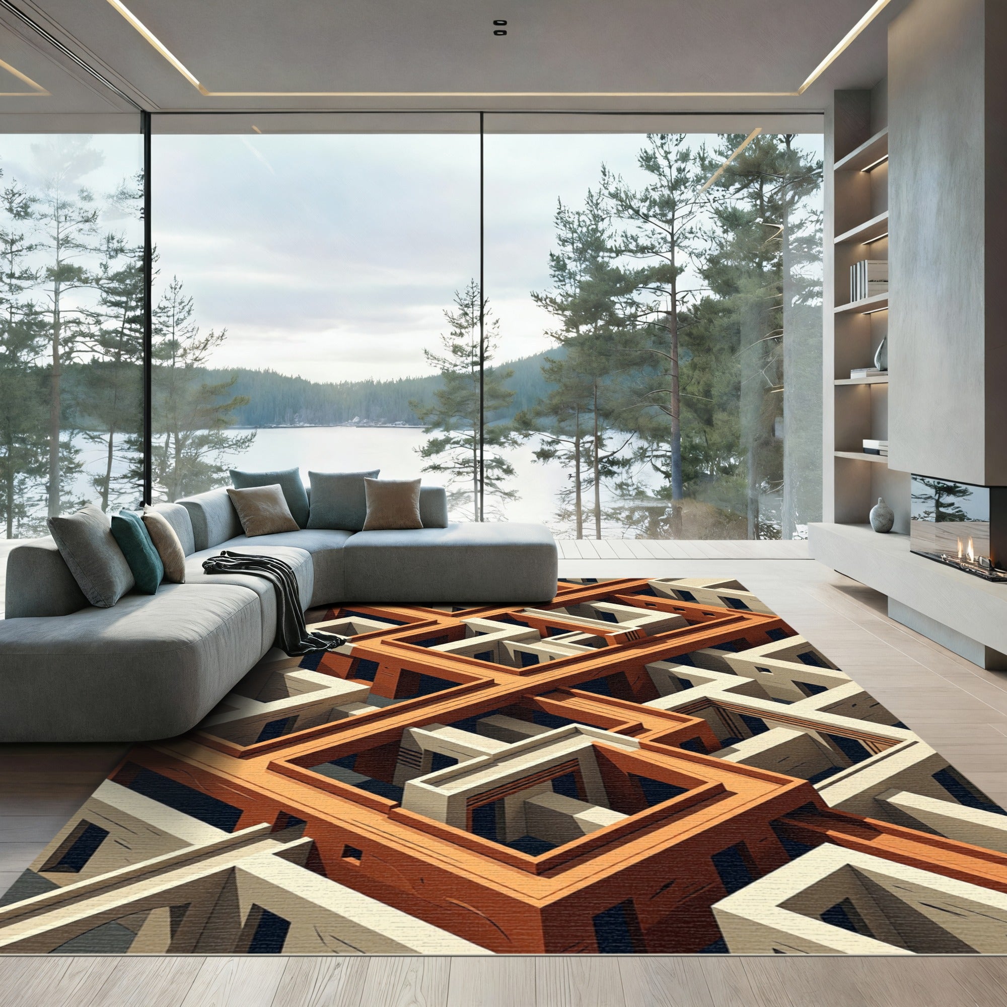 Terracotta Architectural Geometric Isometric Maze Rug